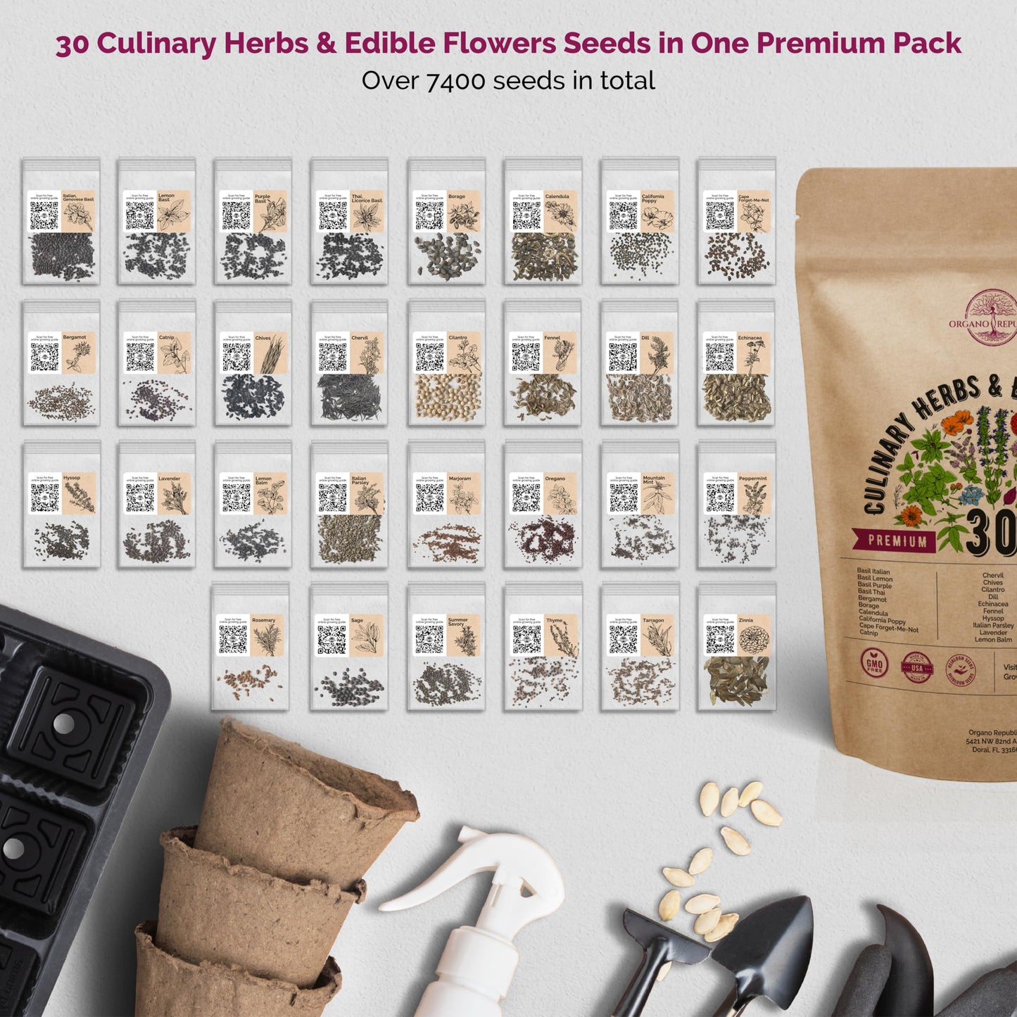 Organo Republic 30 Culinary Herbs & Edible Flower Seeds Variety Pack- Indoor/Outdoor. 7400+ Non-GMO Heirloom Flower Seeds: Basil, Borage, Echinacea, Lavender, Oregano, Rosemary Seeds & More