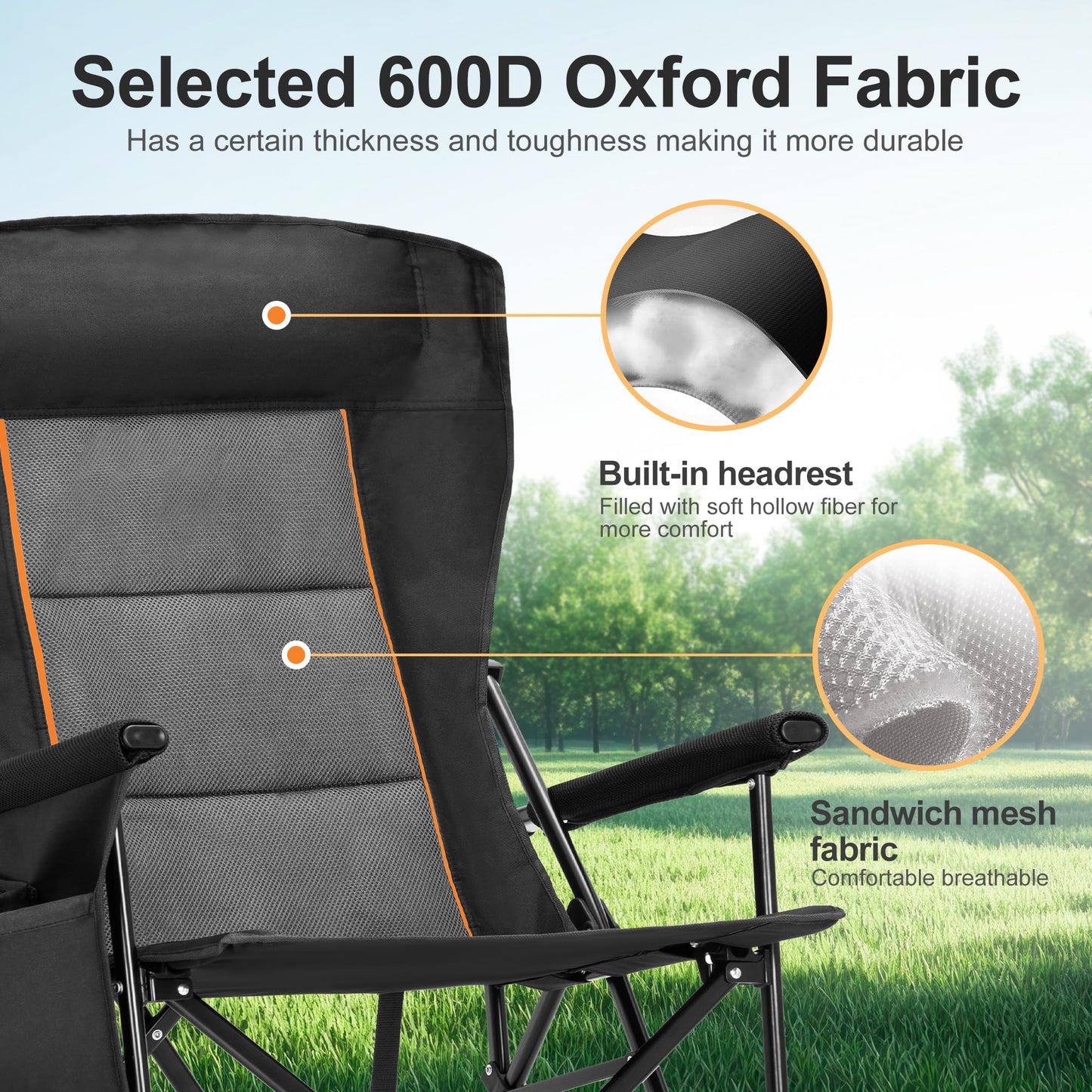 LET'S CAMP Oversized Camping Chairs 29.52" High Back Heavy Duty Lawn Chair Support 500LBS, Portable Collapsible Chair with Cup Holder, Side Pocket,2 Pack(Black)