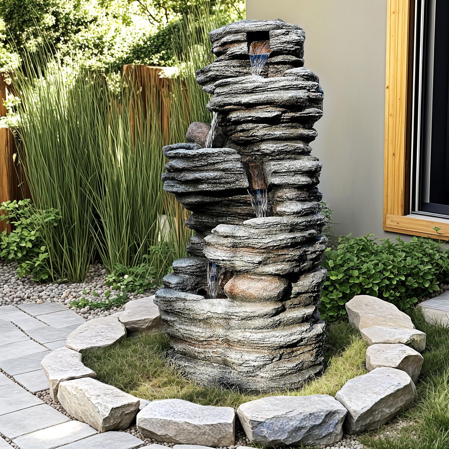 Jocoevol 40" Outdoor Water Fountain with LED Lights - 5-Tier Cascading Rock Waterfall Fountain, Natural Rock Look, Ideal for Garden, Landscaping, Patio, Balconies and Yard Decor