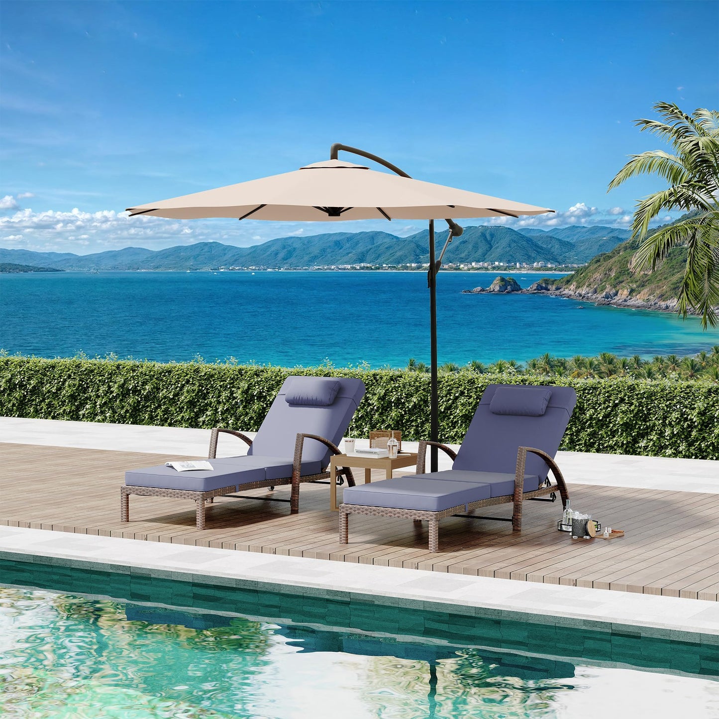Set of 2 Chaise Lounge Chairs Outdoor, PE Rattan Wicker Poolside Recliners with 5-Position Adjustable Backrest, Blue Cushions, Armrests and Wheels, Patio and Garden Furniture for Beach and Backyard