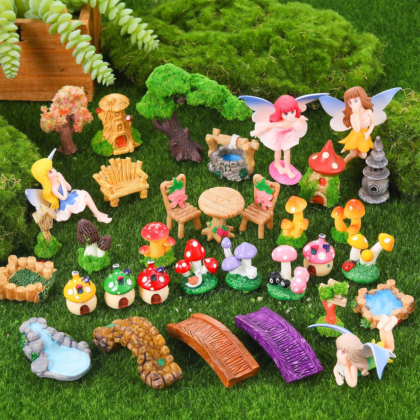 GGSTDDUP 32 Pcs Fairy Garden Accessories Mini Fairy Figures Miniature Table and Chairs Bridge Mushroom Lighthouse Water Well Pond Landscape Ornaments Kit for DIY Garden Potted Desk Decor