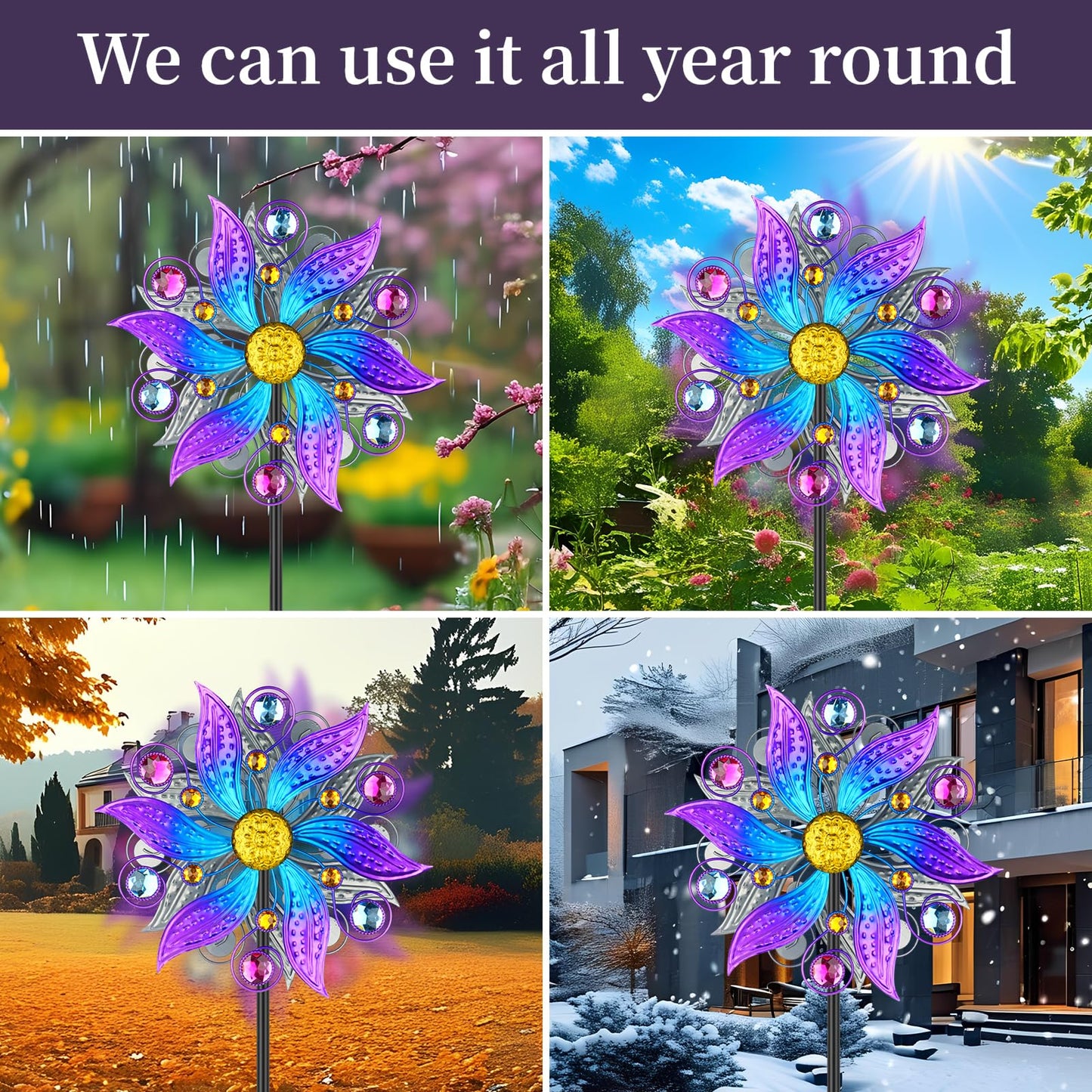 Jusimux Metal Wind Spinner Outdoor, Purple Flowers Wind Sculpture Spinners with Metal Stake, Yard Art Decor for Patio, Lawn & Garden, Creative Gifts 57.5 * 13.3 Inch