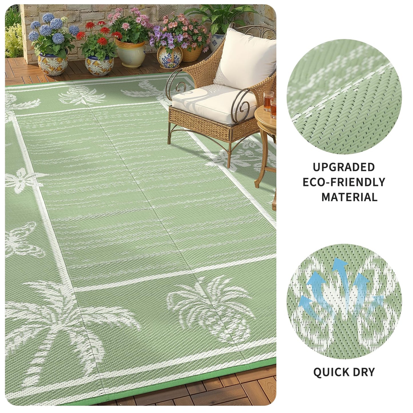 Garvee Outdoor Rug 5x8 Waterproof for Patios, Reversible Plastic Straw Rug, Tropical Leaf Indoor Outdoor Rugs, Large Area Rug for RV, Camping, Deck, Picnic Mat, Outside Carpet, Sage Green & Ivory