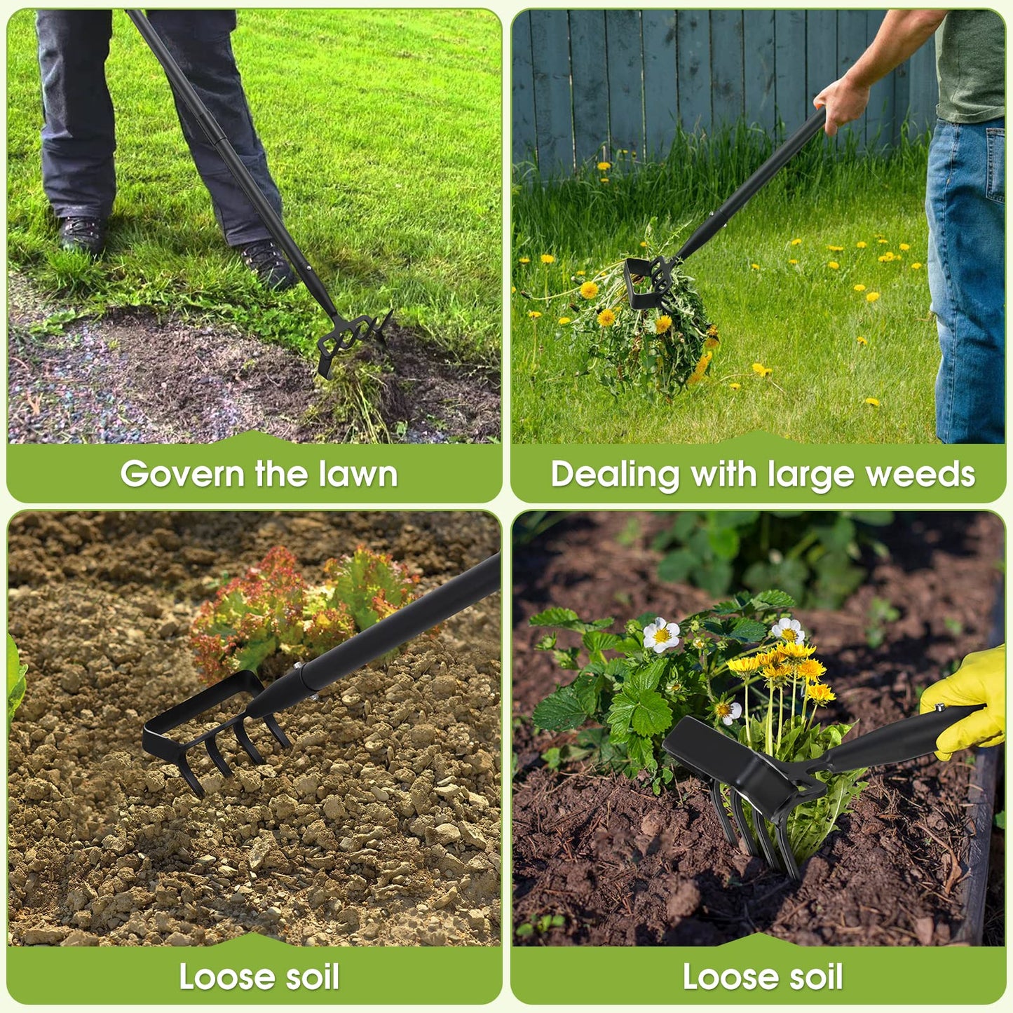 Garden Hoe, 4 Tines Hand Weeding Hoe Garden Tool and Cultivator Long Handle 62", Action Stirrup Scuffle Field Digging Hoe Heavy Duty for Lawn Gardening Weed