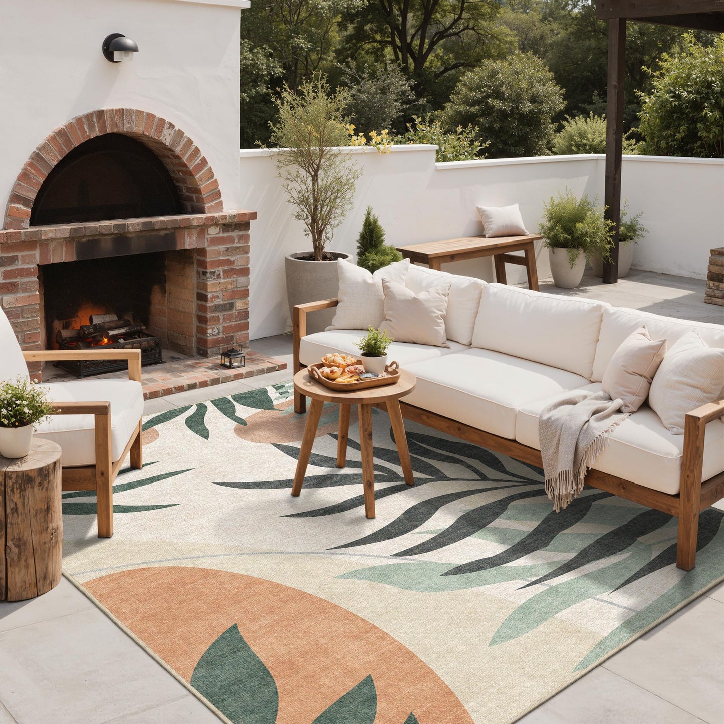 GENIMO Outdoor & Indoor Area Rug 8'x10', Waterproof, Non-Shedding, Easy Cleaning, Leaf Mat for Patio, Living Room, Balcony, Dining Room, RV, Deck, Bedroom, Camping, Outside Carpet, Beige Grey