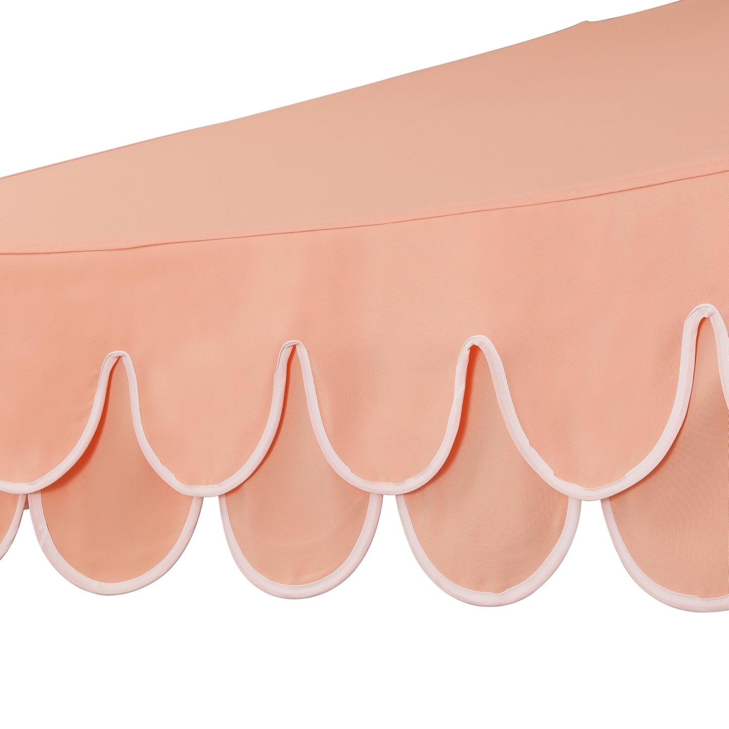 JONATHAN Y UMB1002H Tracy 9 ft. Classic MidCentury Scalloped Fringe Market Patio Umbrella with Auto-Tilt Crank, Wind Vent and UV Protection in Coral Pink/White, White Pole