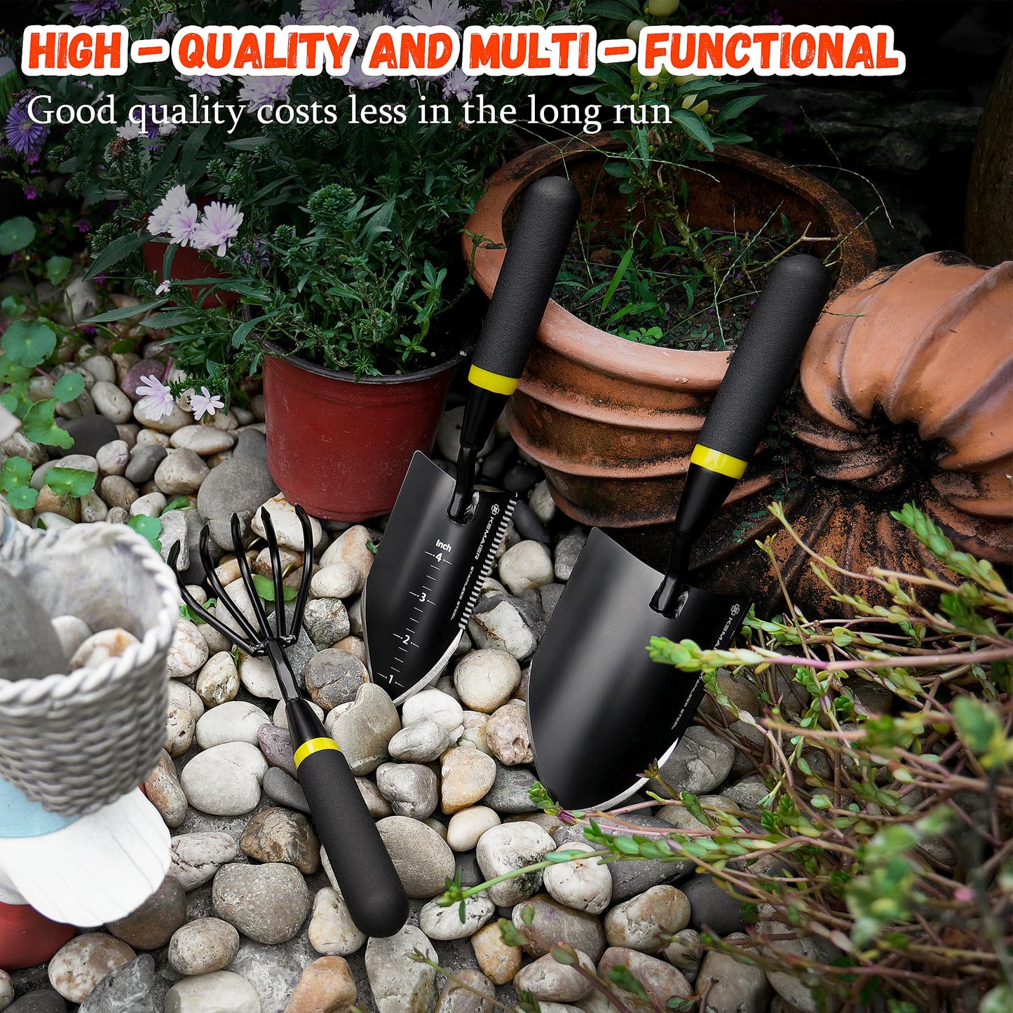 KEMAIER Heavy Duty Stainless Steel Garden Tool Set - Thoughtfully Crafted for Outdoor Patio Use, Perfect for Both Men and Women. Includes Gardening Trowel, Transplanting Shovel, and Hand Cultivators
