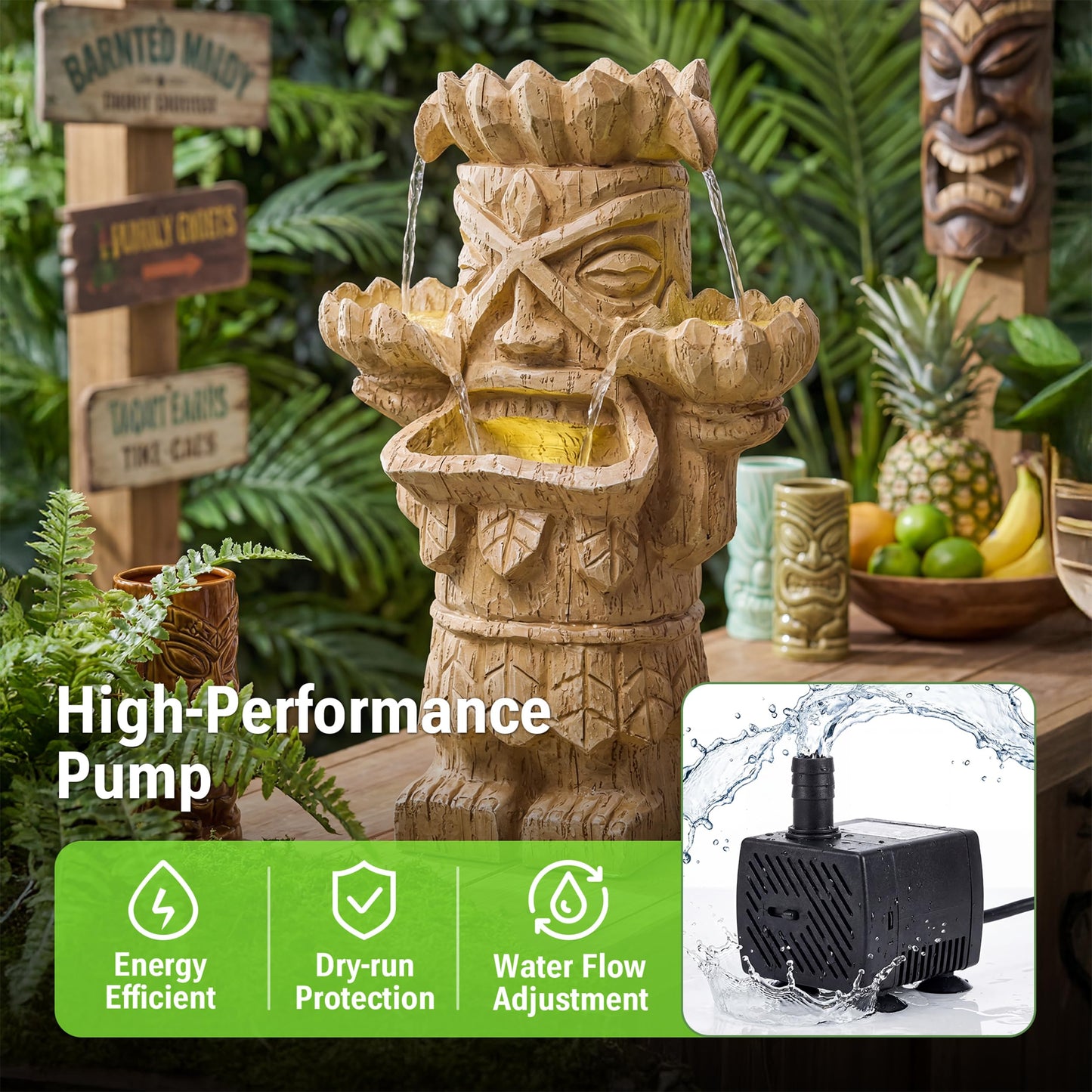 Dalxo 20-Inch Outdoor Water Fountain, 3-Tier Polynesian Tiki Head Resin Waterfall Fountain with 4 Warm LED Lights, Home Art Decor for Garden, Patio, Yard, Deck, Porch, Deck or Lawn in Natural Wood