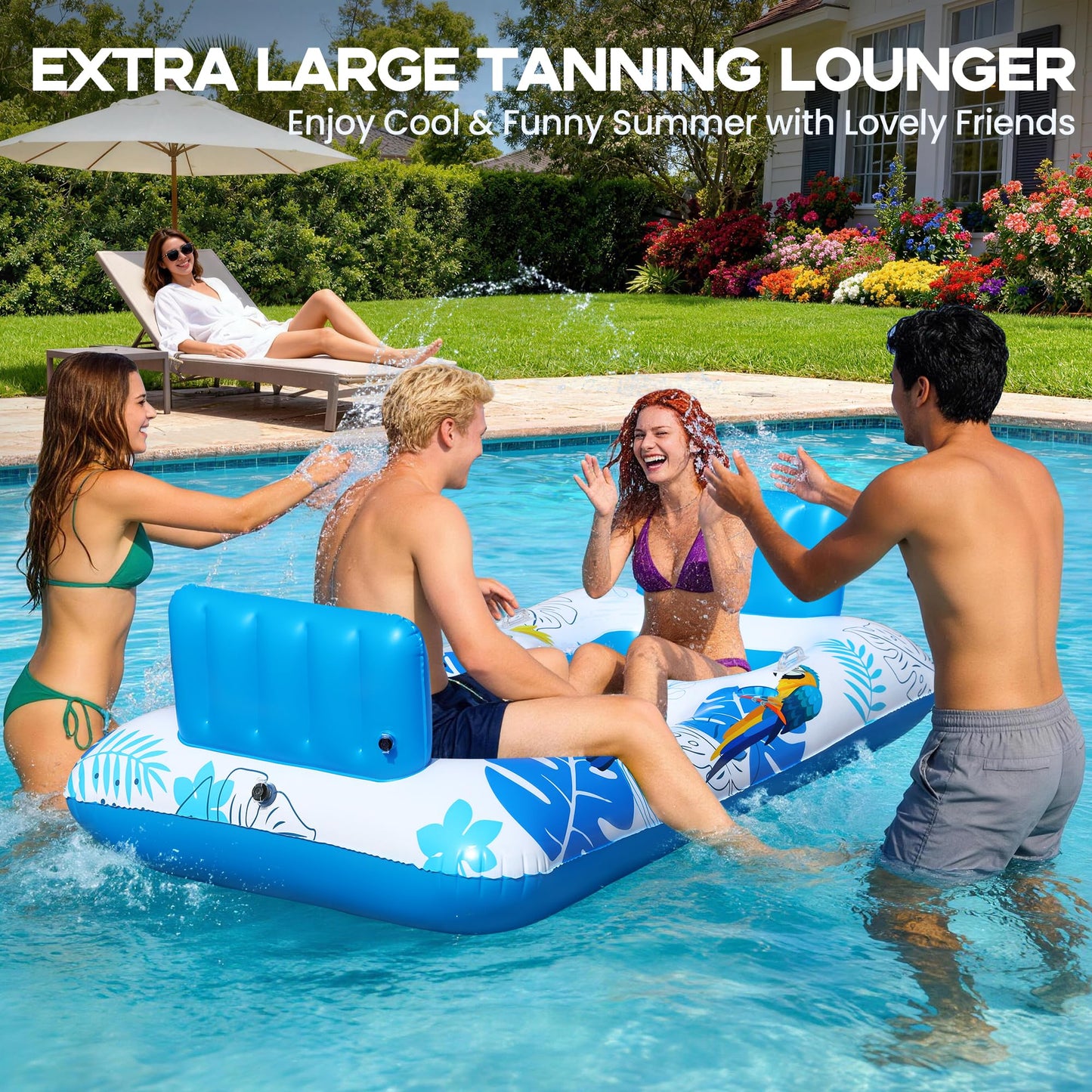FluSing 2 Person Inflatable Pool Float Adult,87” x 44” Extra Large Inflatable Tanning Pool Lounger Float with Cup & Phone Holders,Pool Float Chair Heavy Duty,Sunbathing Pool Lounger Raft Pool Floaties