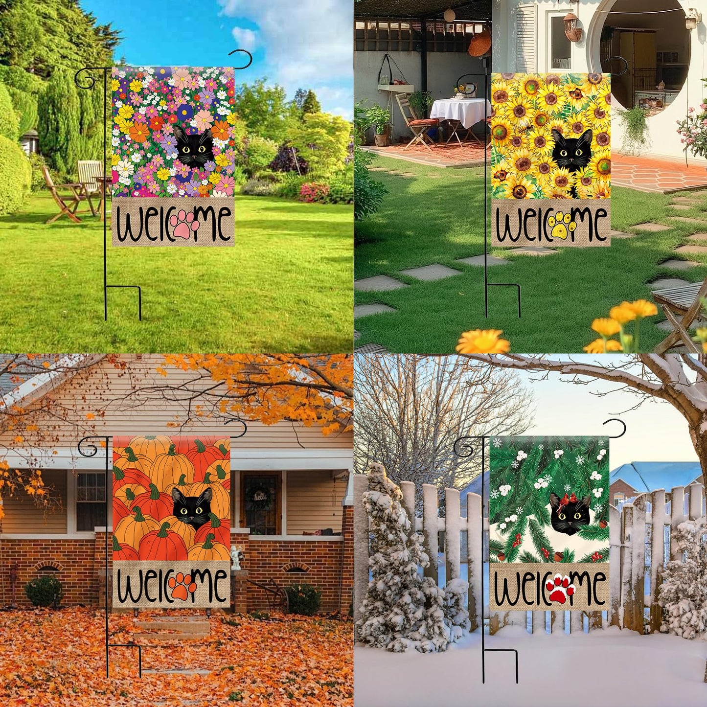 Seasonal Garden Flags Set of 11, Double Sided 28 x 40 Inch Black Cat House Flags, Large Flags for Outside, Spring Summer Easter Independence Day Outdoor Flags, Welcome Holiday Garden Flags for All Seasons