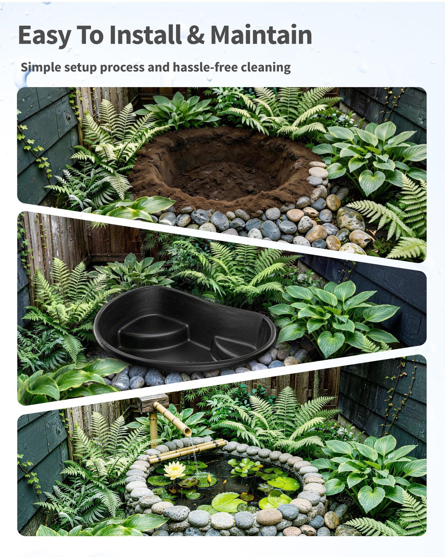 POPOSOAP Preformed Pond Liner, 33 Gallon Rigid Pond Liner with Integrated Plant Shelves, Heavy Duty U-V Resistant Plastic Preformed Pond for Backyard, Patio, Fountain,Water Lily and Koi Pond-P797
