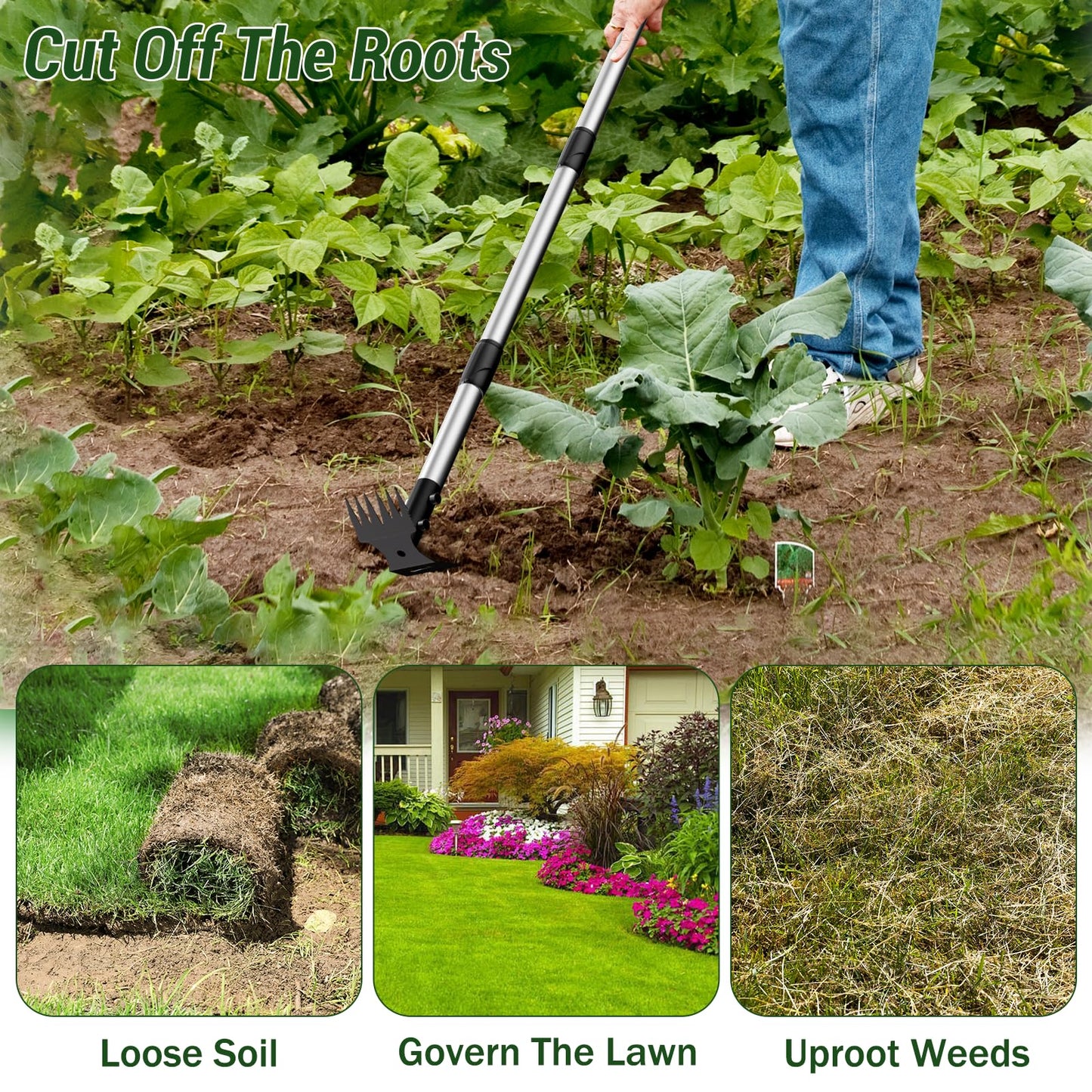 Ukiupop Weed Puller Tool with Long Handle – 2-in-1 Handle Garden Hoe and Weed Rake, Hoe Garden Tool for Home Gardens, Lawns, and Yards