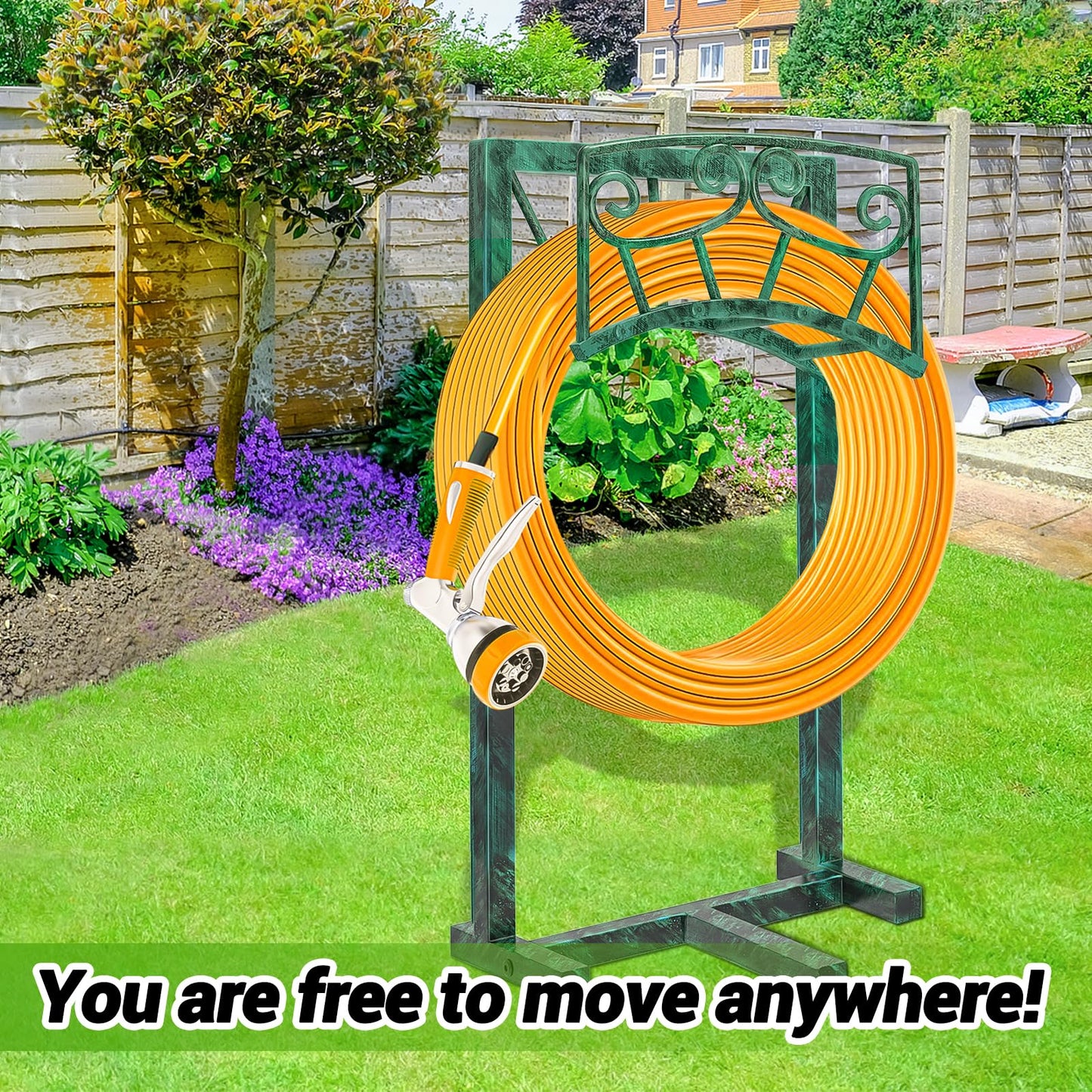 Garden Hose Holder, Heavy Duty Metal Water Hose Holders Hose Stand with 5 Spikes, Freestanding Hose Storage Rack Hose Hanger Holds 150ft Hose for Outside Yard Lawn Garden Decor (Retro Green)