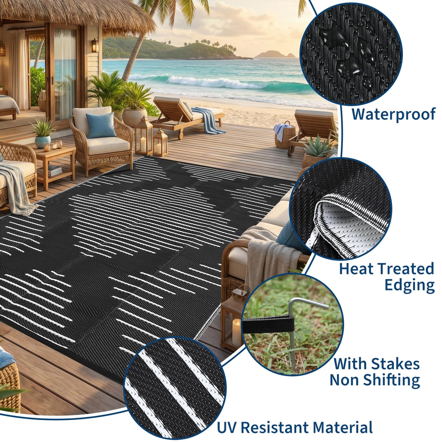 Garvee Waterproof Outdoor Area Rug 9x12 Plastic Reversible Rug for Patio Decor Easy-Cleaning Large Floor Mat for Camping RV Porch Deck Backyard Balcony Picnic Black White