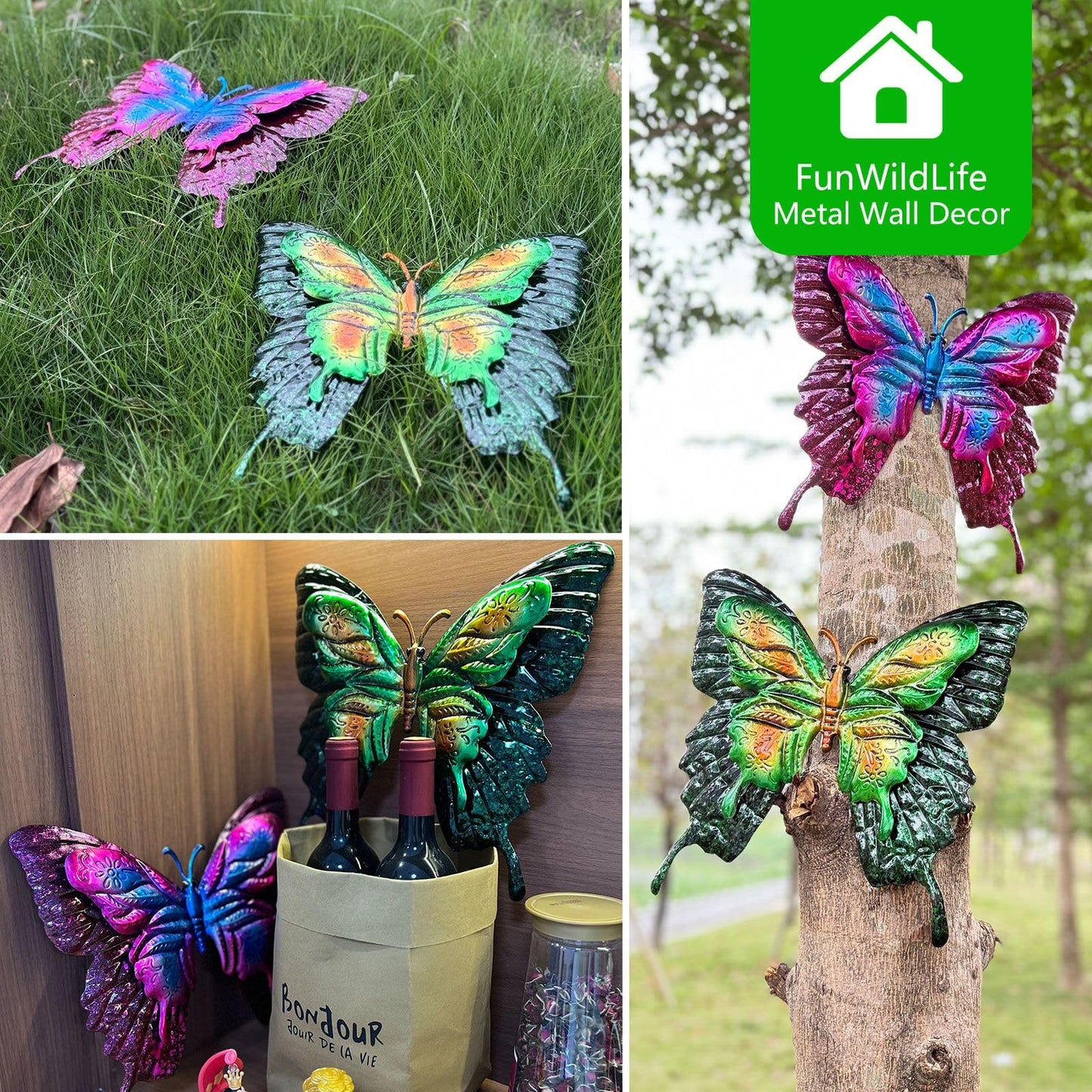 FUNWILDLIFE Metal Butterfly Wall Decor - 2 Pack 11.4" Outdoor Fence Wall Art Decor, Large Butterfly Wall Decor for Garden Yard Living Room Bedroom Patio Balcony