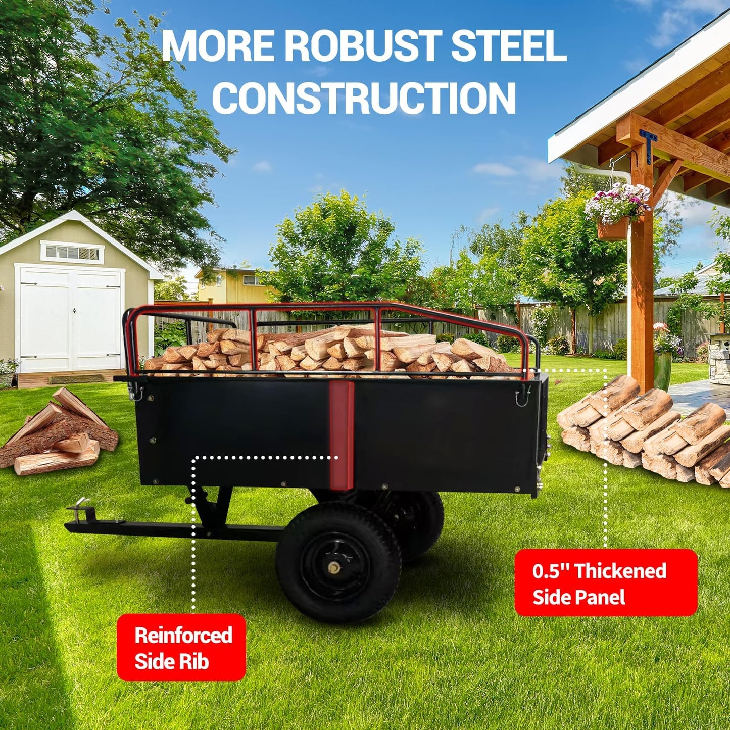Garvee 750 LBS Utility Trailer, 15 Cubic Feet Heavy Duty Steel Dump Cart Garden Trailer with Removable Sides,Hand Pull or Foot Pedal Garden Dump Cart for ATV, UTV, Lawn Mowers and Tractors