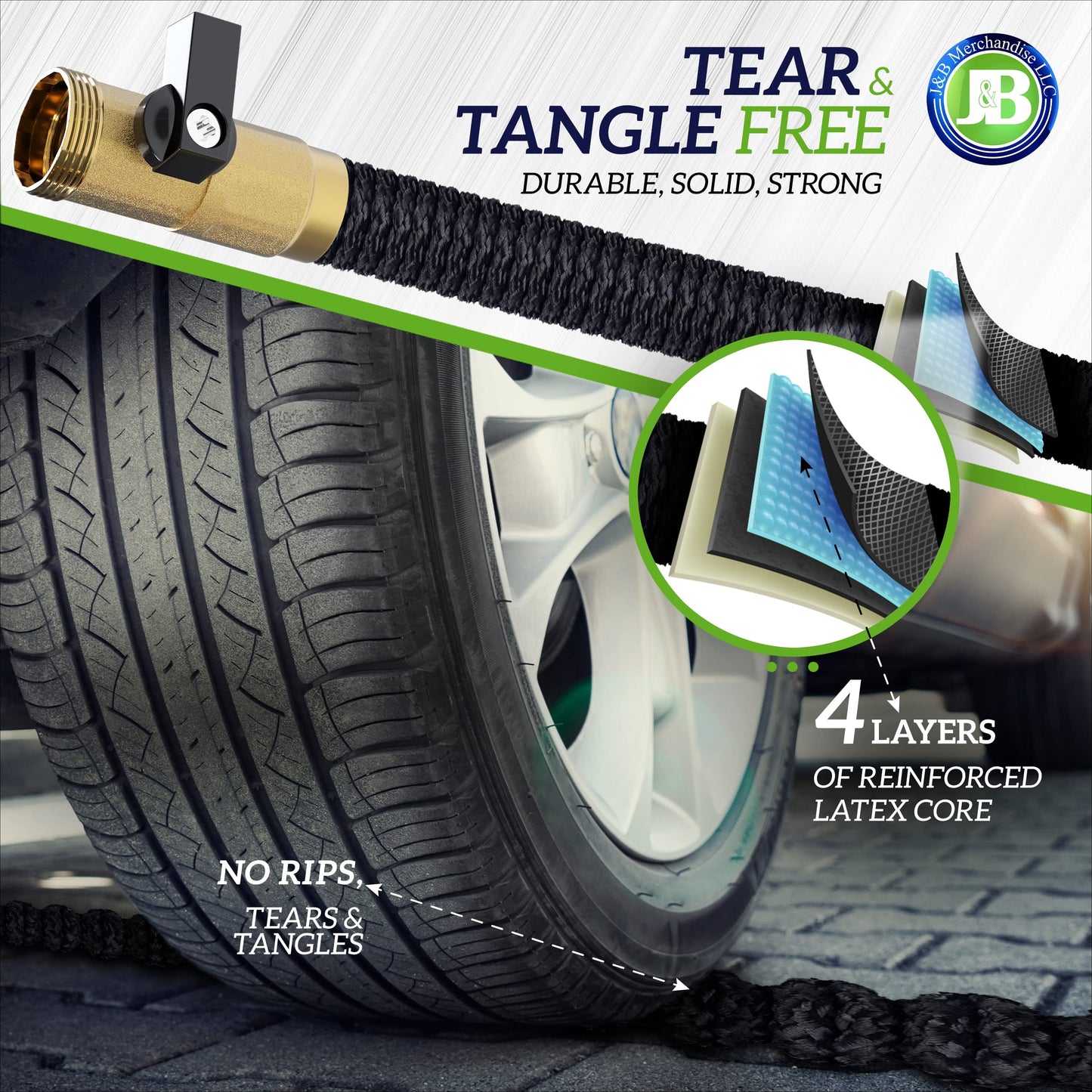 J&B XpandaHose 150ft Expandable Garden Hose – Ultra-Strong 3750D, 4-Layer Latex Core, Brass 3/4" Connectors, 10-Pattern Nozzle & Storage Bag – Lightweight, Kink-Reducing, Leak-Resistant