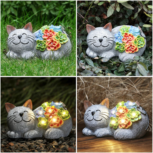 Otdair Solar Cat Decor, Birthday Gifts for Women with Succulent and 7 LED Lights, Christmas Gifts for Mom, Seniors, House Warming New Home Garden Decor for Cat Lover