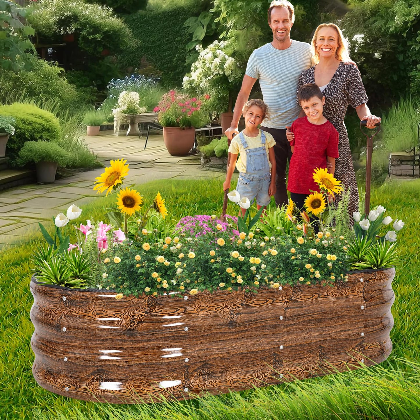 1MORE Galvanized Raised Garden Bed- Planter Garden Boxes Outdoor, Raised Beds for Gardening, 4x2x1ft Metal Garden Bed Kit for Vegetables Flower, Planter Raised Beds with Tools.Grain-2pack