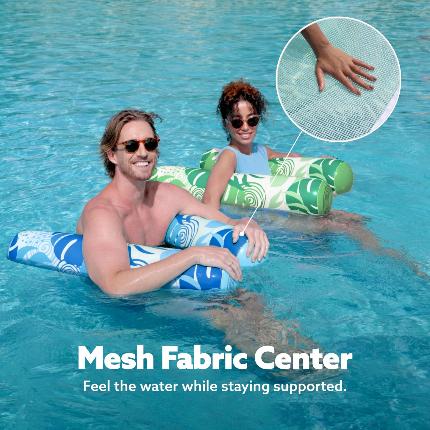 SLOOSH 2 Packs Tropical Leaves Hammock Pool Floats Adults, 4-in-1 Multi-Purpose Inflatable Pool Floats PVC Water Hammock Lounge Floaties (Blue&Green)