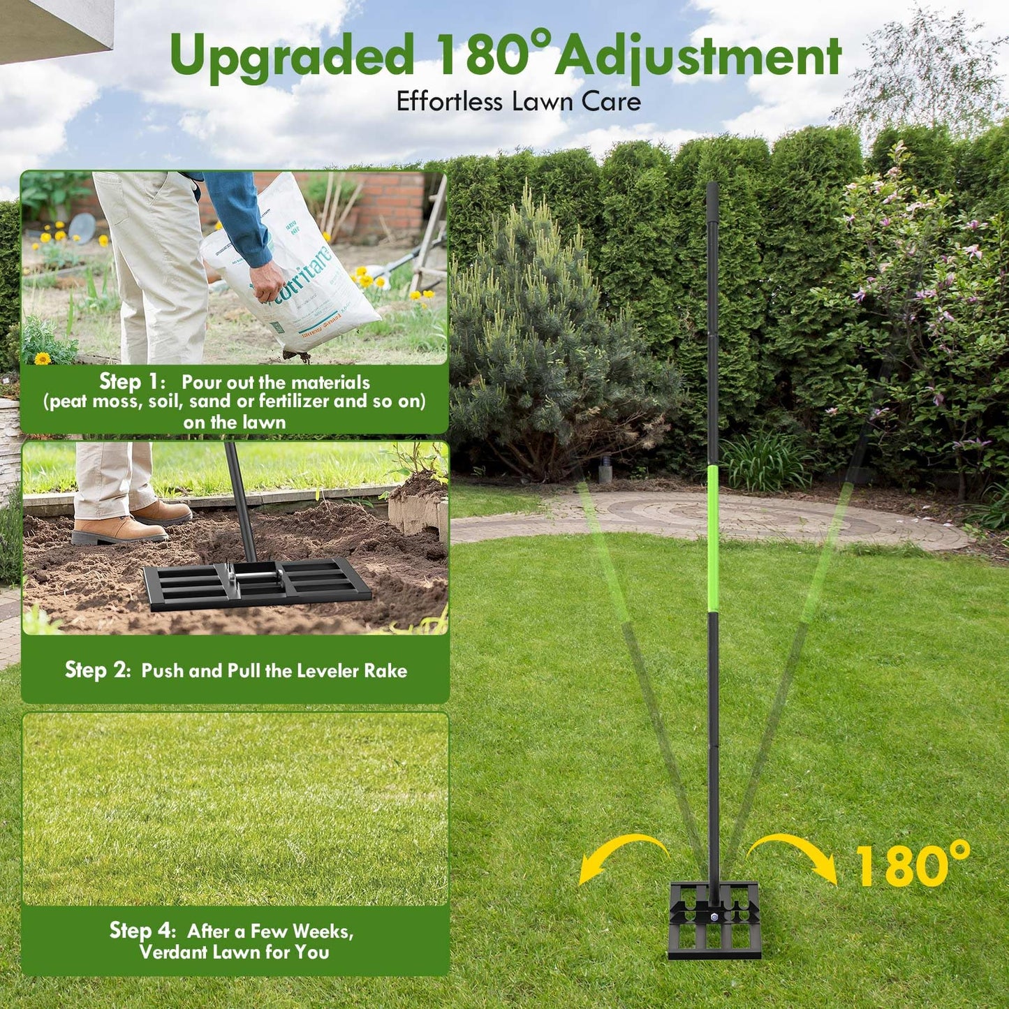 Seeutek Lawn Leveling Rake, 17” x 10” Lawn Leveler with 6.5FT Stainless Steel Handle Rakes for Lawns, 0-180° Adjustable Ground Leveler Tool for Yard, Level Soil Sand Dirt Surfaces