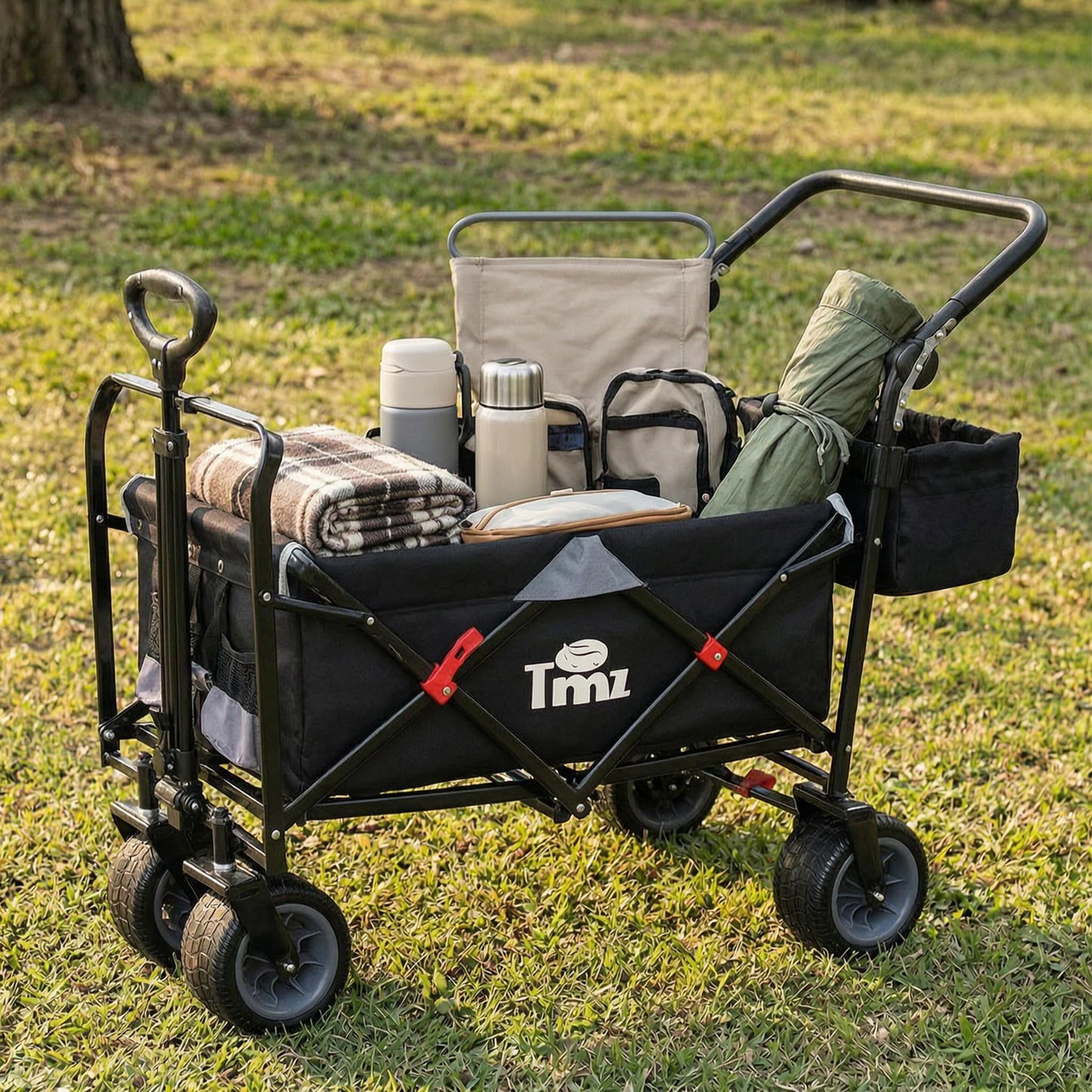 TMZ All Terrain Utility Folding Wagon, Collapsible Garden Cart, Heavy Duty Beach Wagon, for Shopping, Camping, and Outdoor Activities with Push Handle and Brake (Black/Grey)