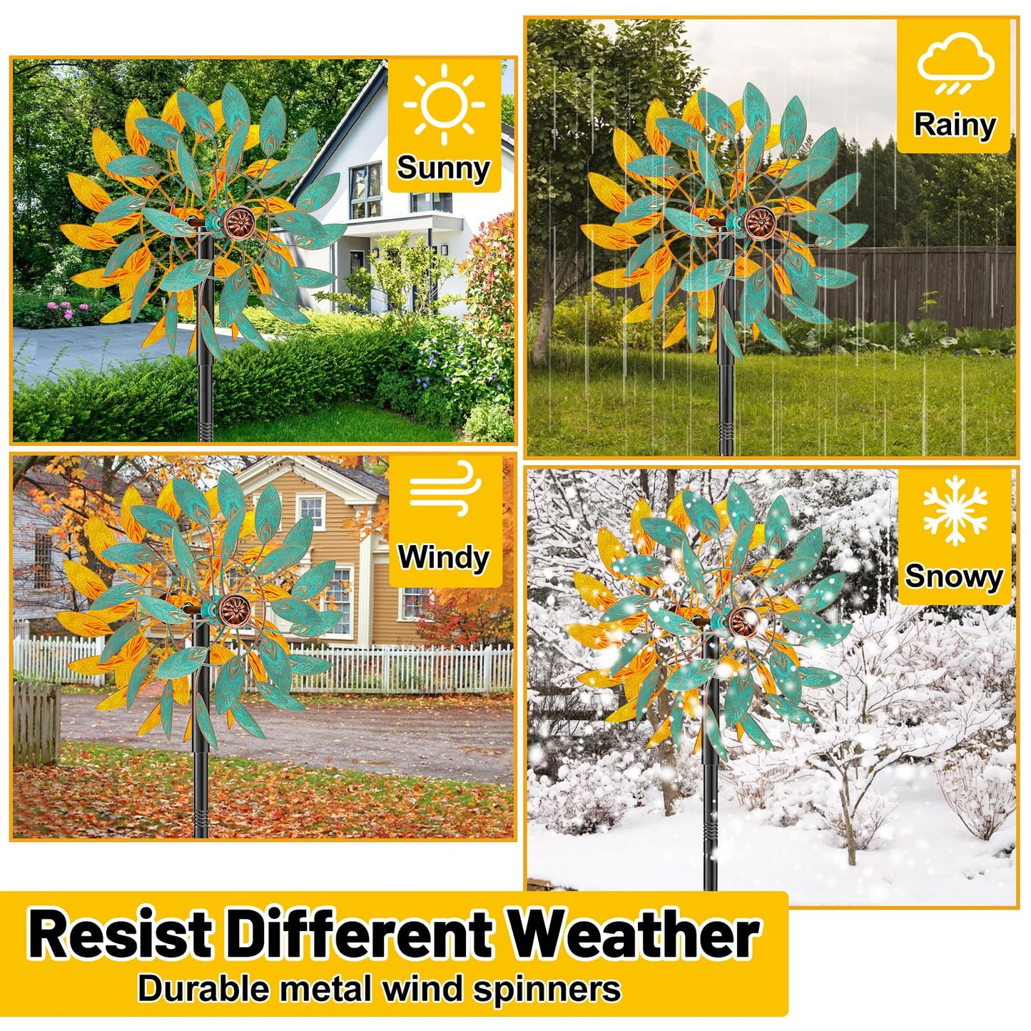 Metal Wind Spinners Outdoor, Kinetic Garden Wndmills,Yard Art Windmill with Metal Stake,Vintage Wind Sculptures & Spinners,Waterproof Pinwheels Large Wind Mill for Patio Lawn Yard Garden (Yellow+Blue)