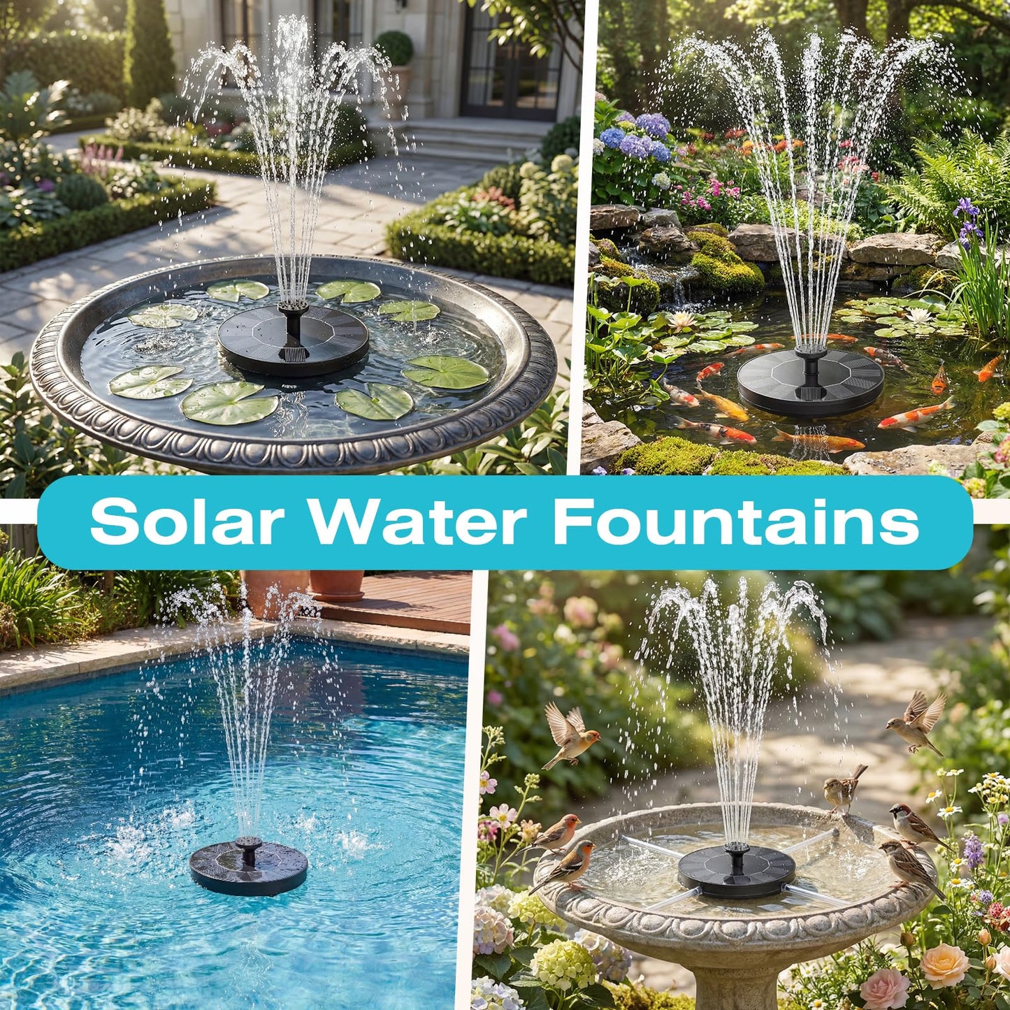 AMZtime Solar Fountain for Bird Bath, New Upgrade Mini Solar Fountain Pump, Free Standing Solar Powered Water Pump for Garden, Outdoor, Fish Tank, Pond and Pool