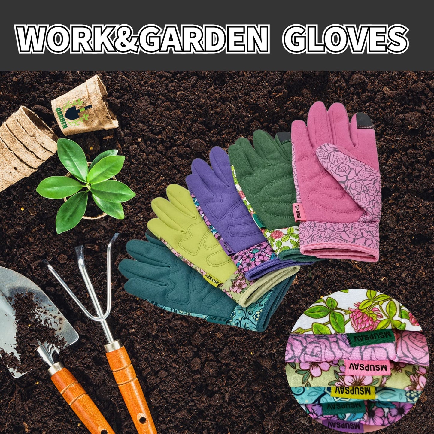 MSUPSAV Gardening Gloves for Gardening,Synthetic Leather Garden Gloves,Work Gloves with Touch Screen,Gardening Gifts for Women,Purple, Medium