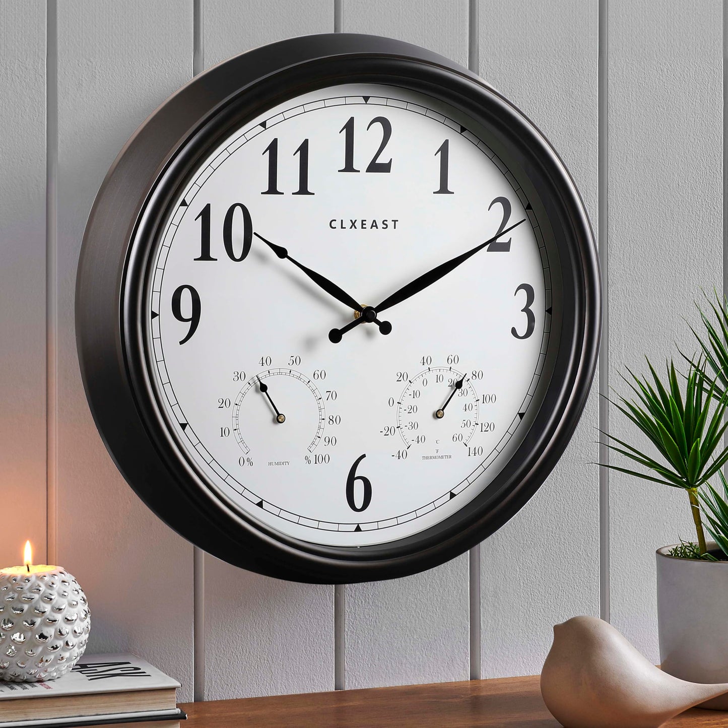 CLXEAST Outdoor Clocks for Patio Large Waterproof with Thermometer,18 inch Outdoor Wall Clock with Temperature and Humidity Combo,Weatherproof,Oil Rubbed Bronze,Spring Garden Decor