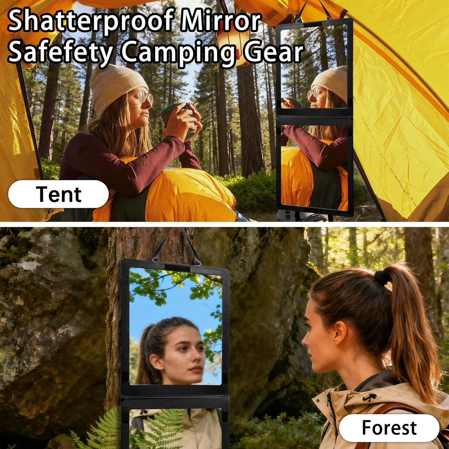 Adzyz Foldable Camping Travel Mirror, 33“ x 13” Hanging Shatterproof Full Length Mirror for Camping, RV Travel, Dorm Room, Portable Dance Practice Mirrors - Black