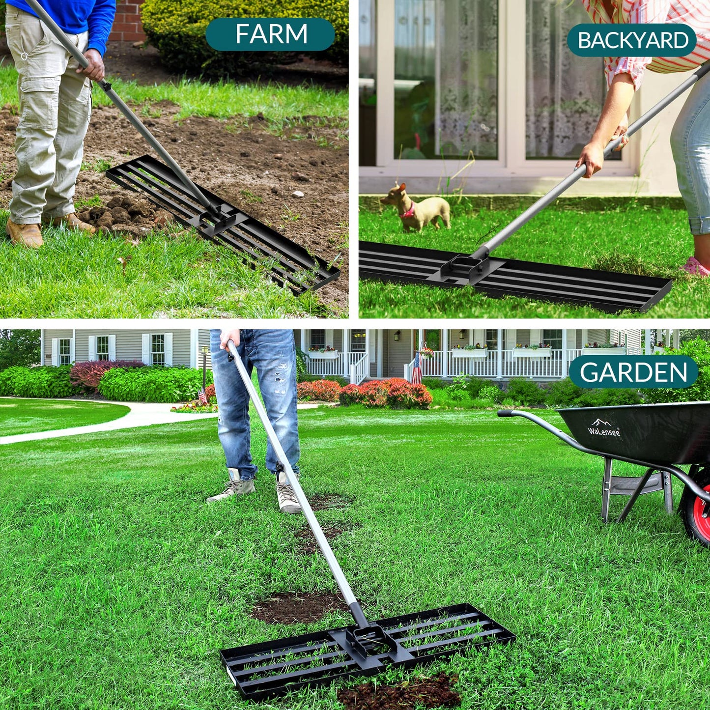 Walensee Lawn Leveling Rake, Levelawn Tool, Heavy Duty Effort Saving Lawn Level Tool, Steel Handle Lawn Leveler for Yard Garden Golf Course , Ease Level Soil Sand Dirt Surfaces, 6.5FT 17"x10"