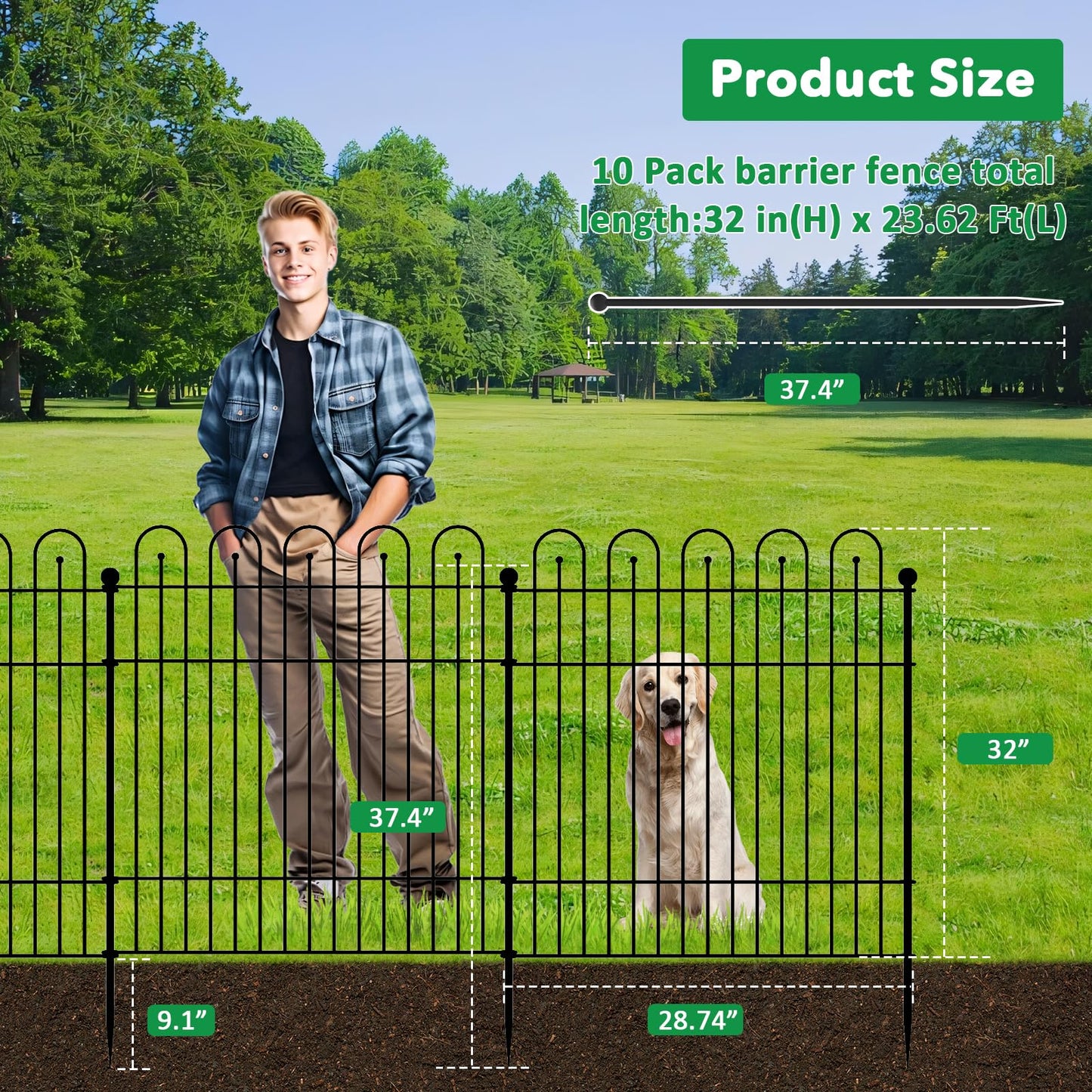 Garden Fence Animal Barrier with Gate, 32 in (H) x23.6ft (L) Decorative Garden Fence, 10 Panels No Dig, Rustproof Metal Temporary Fence, for Outdoor, Yard, Patio