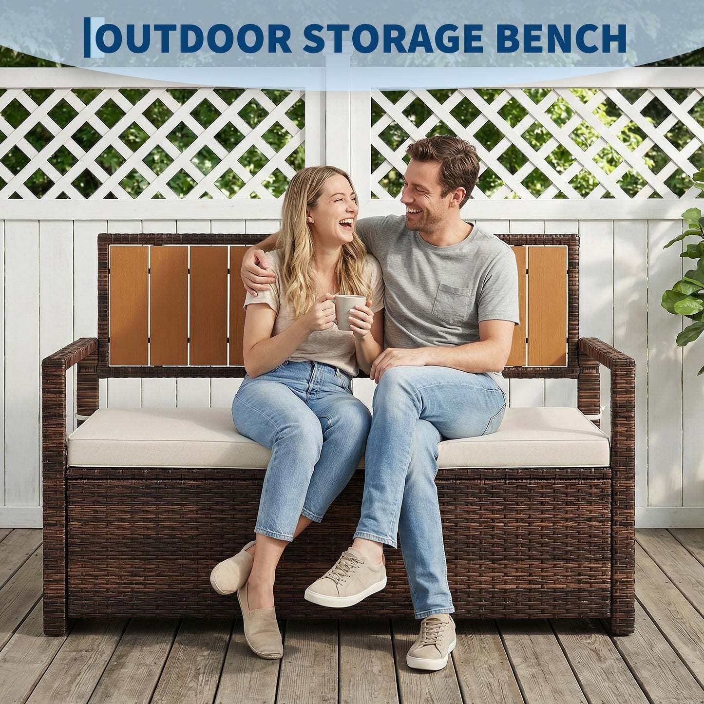 75 Gallon Outdoor Storage Bench, All-Weather PE Rattan Deck Box with Seat, Wicker Patio Furniture for Cushions, Garden Tools, Pool Accessories, Water-Resistant and Durable (Brown White)