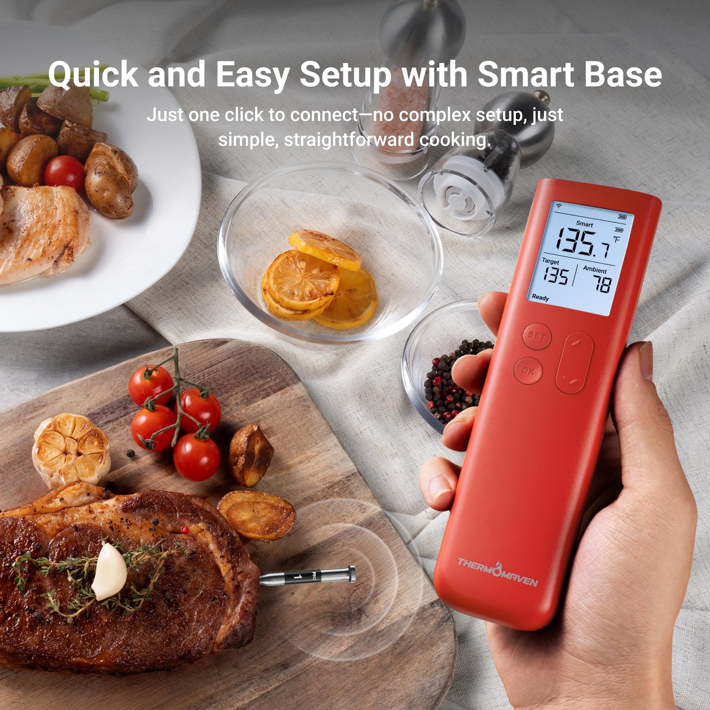 ThermoMaven Smart Bluetooth Wireless Meat Thermometer, 10X Enhanced Sub-1G Signal and Stability, Standalone Display Base, Certified Accuracy ±0.5°F, WiFi Unlimited Range for BBQ, Oven, Smoker, Grill