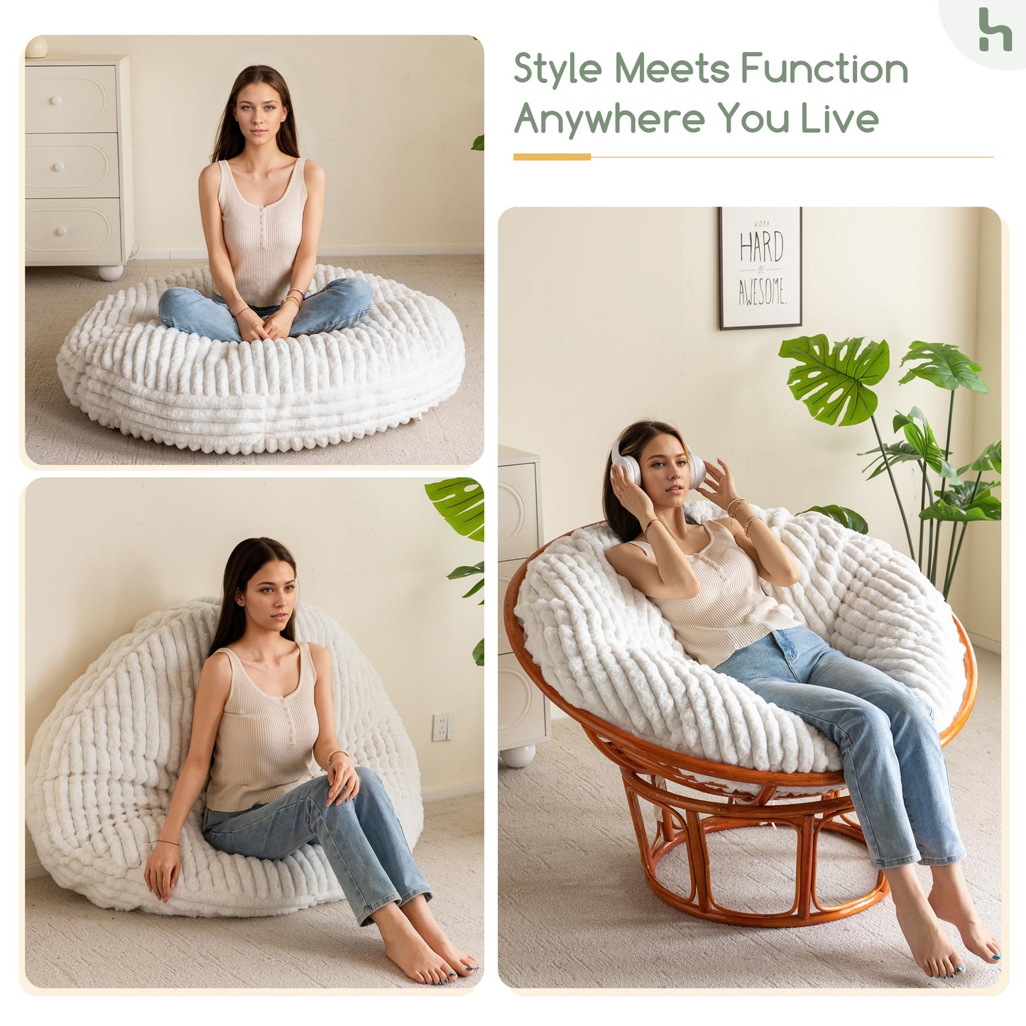 HIGOGOGO Papasan Chair Cushion with Thick Corduroy Cover (Without Chair), Supportive Cushion, Beige, 48 x 48 Inch
