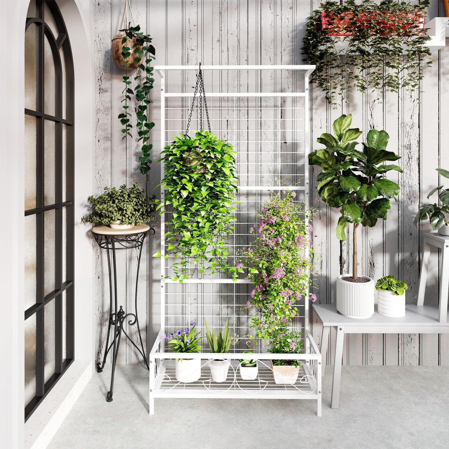 Outsunny Tall Plant Stand with Trellis and Hanging Bar, Metal Plant Holder Flower Stand for Vine Climbing Plants Flowers Indoor Outdoor Use, 36" x 12.8" x 74", White