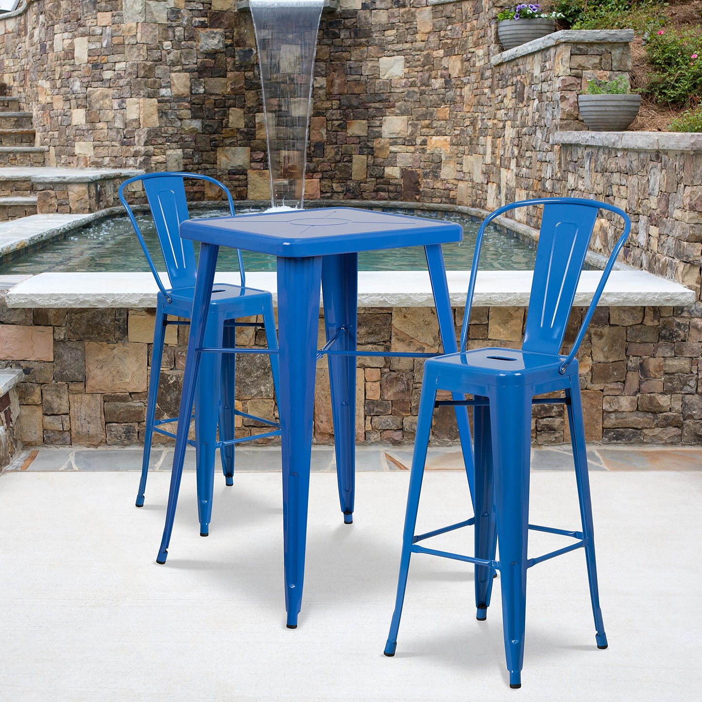 Flash Furniture Commercial Grade 23.75" Square Blue Metal Indoor-Outdoor Bar Table Set with 2 Stools with Backs