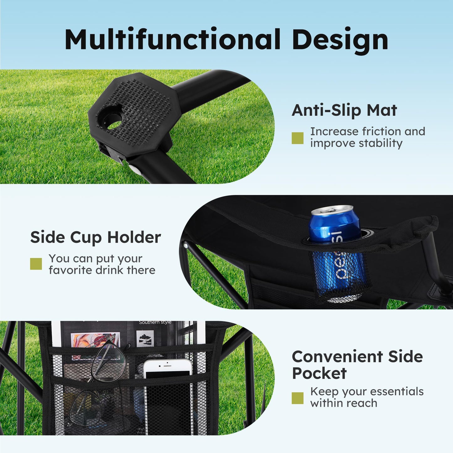 ALPHA CAMP Camping Chairs 350LBS Capacity, Heavy Duty Folding Chair with 4-Can Cooler Bag, Portable Outdoor Chair with Cup Holder for Adults, Collapsible for Tailgating, Beach, Fishing,Black