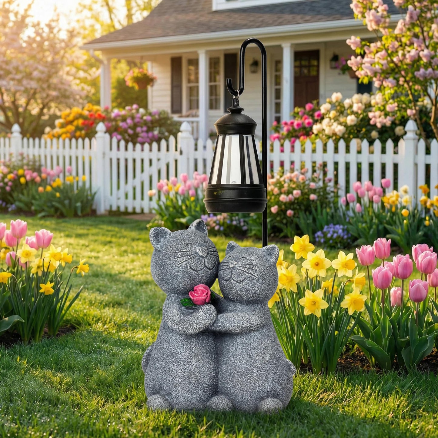 twinbling Outdoor Cat Garden Statues with Solar Lantern, Solar Lantern Cat Figurines Decor for Yard, Lawn, Porch & Patio, Unique Housewarming/Birthday Gifts for Women