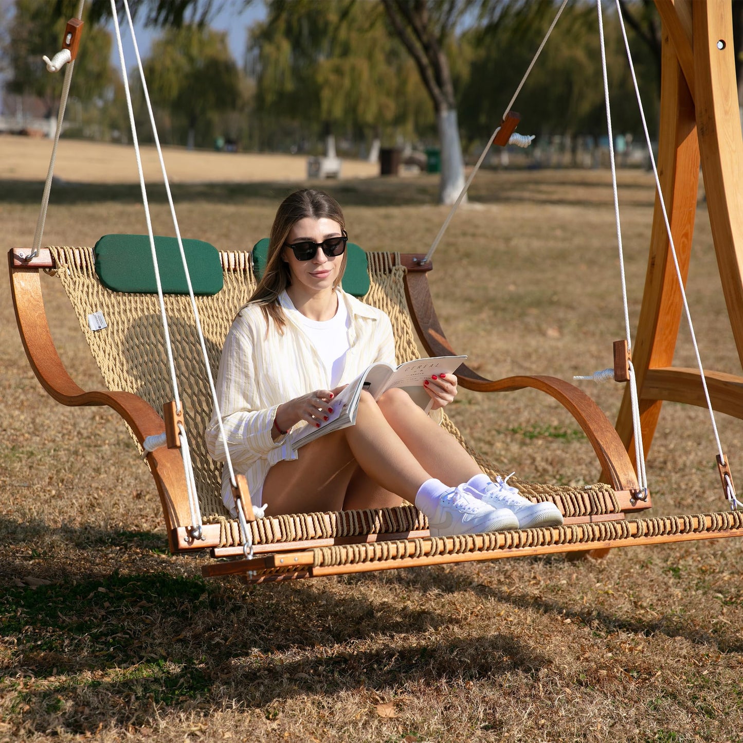 SANIWERKE® Porch Swing for 2, Double Hammock Swing with Footrest & S-Armrest, Adjustable Hanging, Durable Rope Net&Thick Wood, 650LBS, 50" Wide, Luxe Reclining Duo Swing for Patio Porch(Soft Tan)