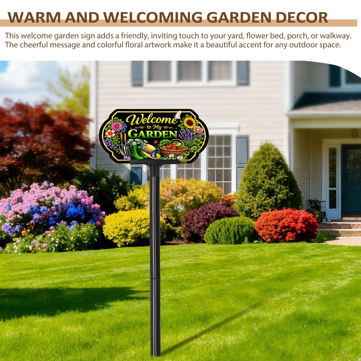 Welcome to My Garden Sign Outdoor Decor, 10x5 Inch Adjustable 24" & 37" Height Aluminum Garden Yard Sign with Stake, UV Printed Metal Garden Sign for Lawn Fence Wall, Gift for Gardeners