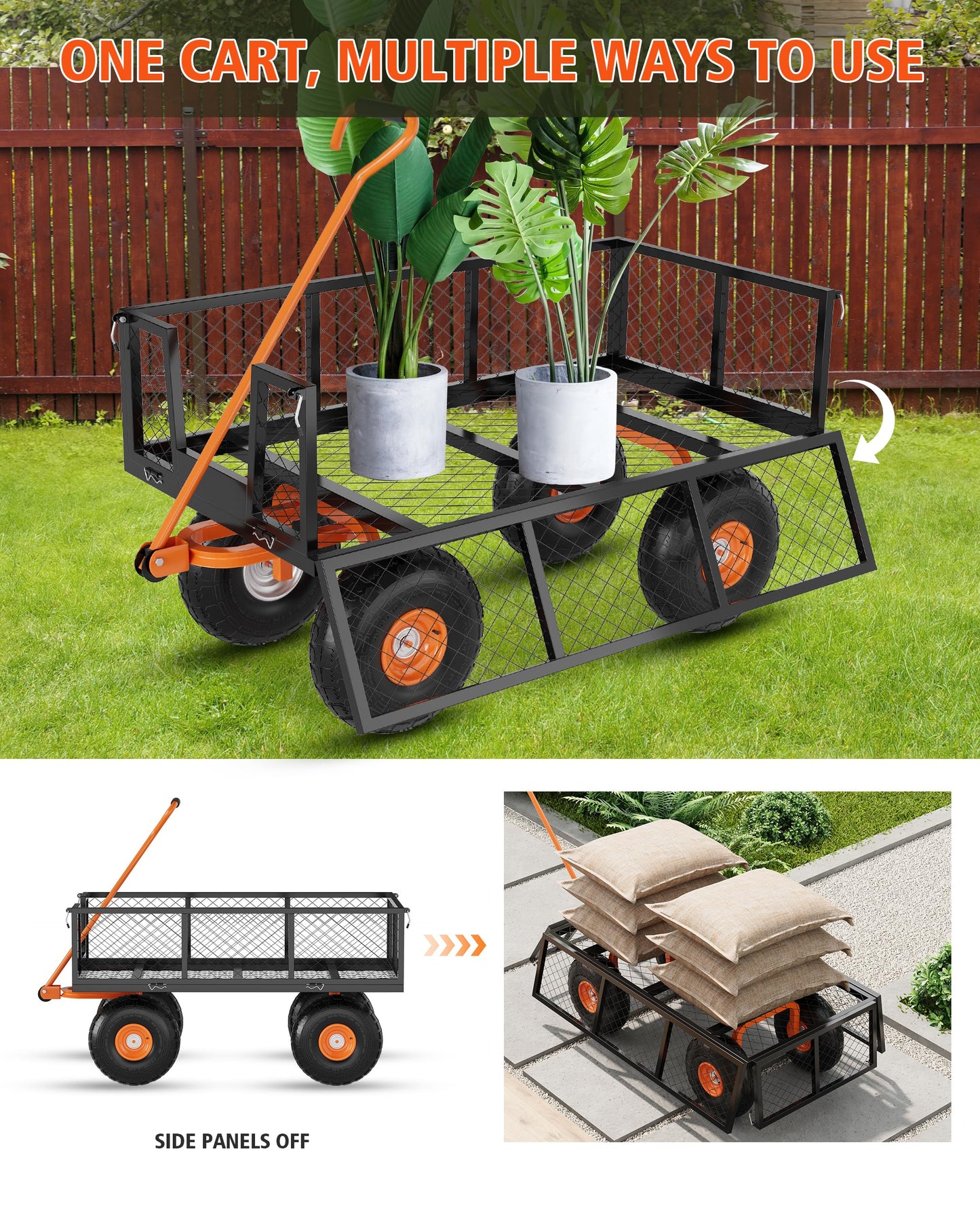 Garvee Steel Garden Cart, 900 LBS Capacity Utility Outdoor Wagon, Heavy Duty Mesh Garden Metal Wagon with Removable Sides and 10" Tires for Yard, Lawn, Garden