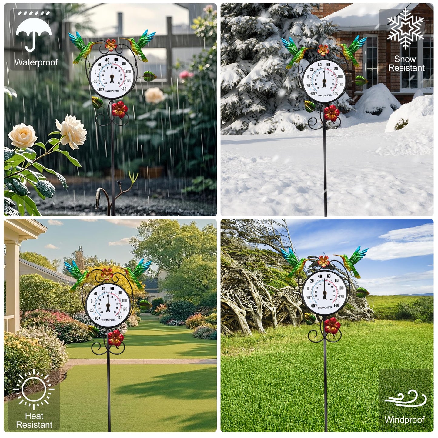 Hummingbird Outdoor Thermometer with Stake Waterproof - Hanging Wall Indoor Outside Thermometer for Patio Garden Yard Porch Room Decor, Easy to Read No Battery Required