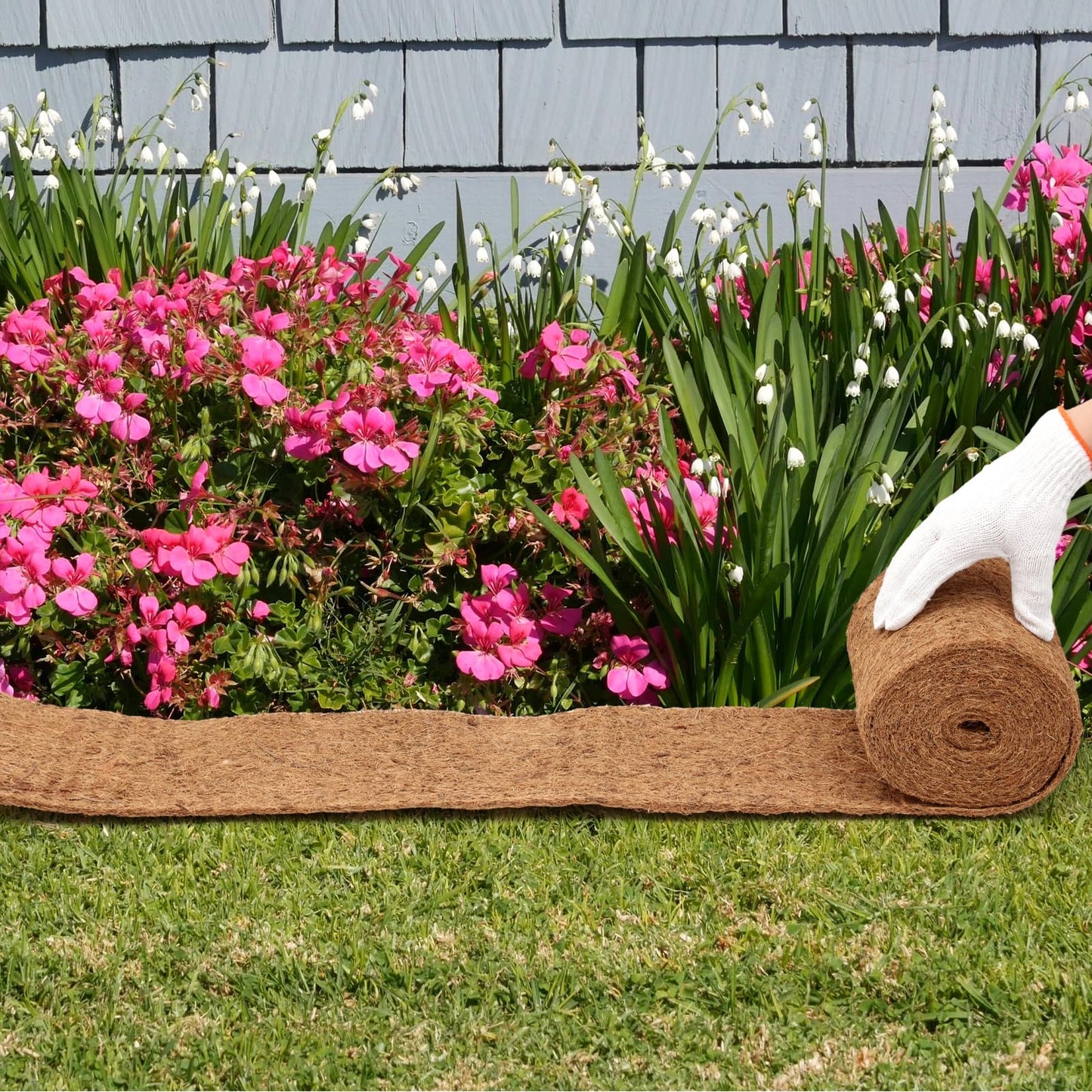 Timgle 2 Pcs 120" x 6.3" Natural Coconut Fiber Liner Mulch Roll, Coir Liner Garden Weed Barrier Mat with 30 U-Shaped Steel Stakes for Landscaping, Garden Edging Border, Planters, Vegetables & Flowers