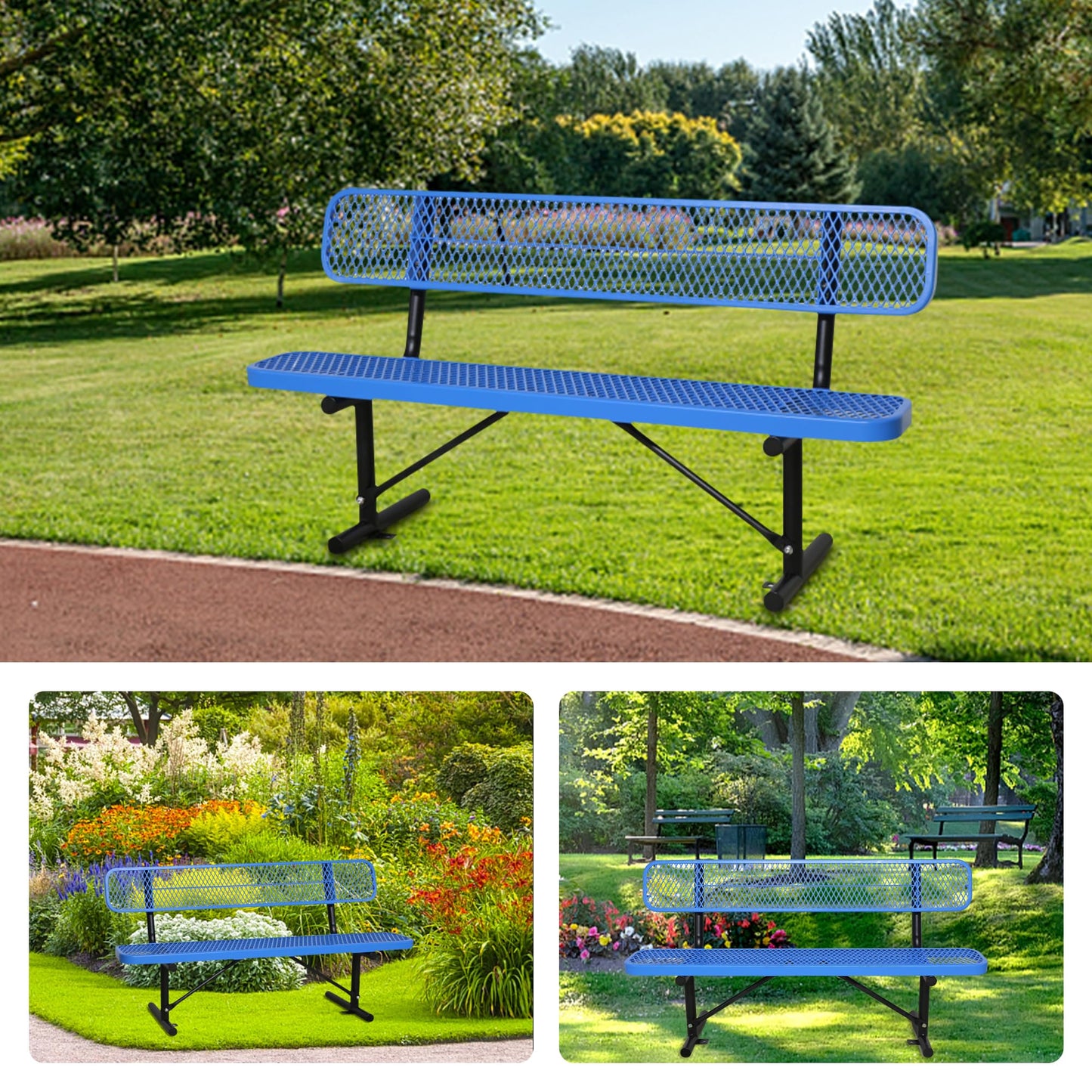 Congfutt 6 Ft Metal Park Bench for Outside, All-Weather Thermoplastic Coating Outdoor Bench with Backrest, Commercial Heavy Duty Benches for Shopping Malls, Stores, Parks, Patios, Decks, Blue