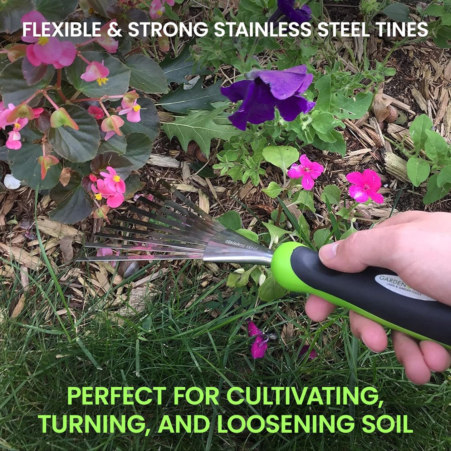 Garden Guru Stainless Steel Hand Rake Soil Tiller with Ergonomic Handle, Great for Gardening, Cultivating, Loosening Soil & Spreading Mulch, Raking Flower Beds