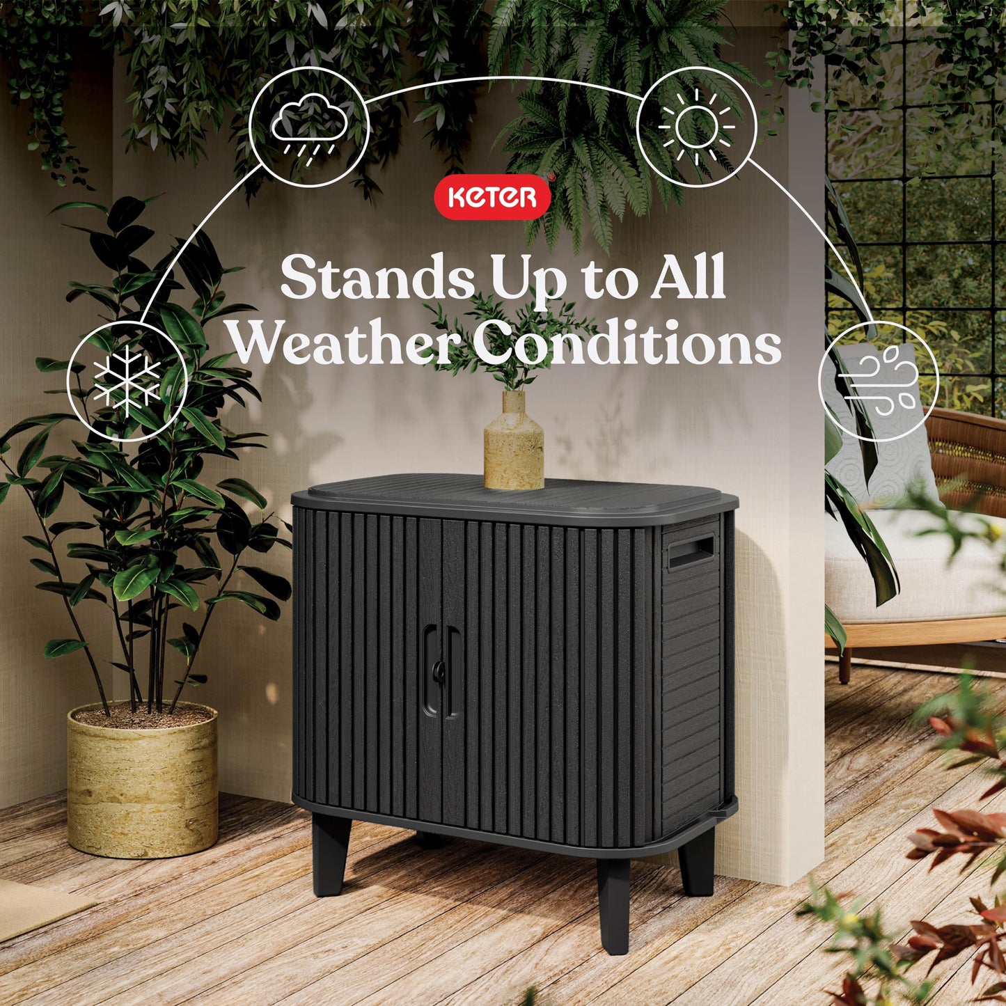 Keter Velo 30 Gallon Outdoor Storage Cabinet, Weather-Resistant Resin Deck Box with Steel Reinforcement, Lockable, Wood-Look Finish, Graphite