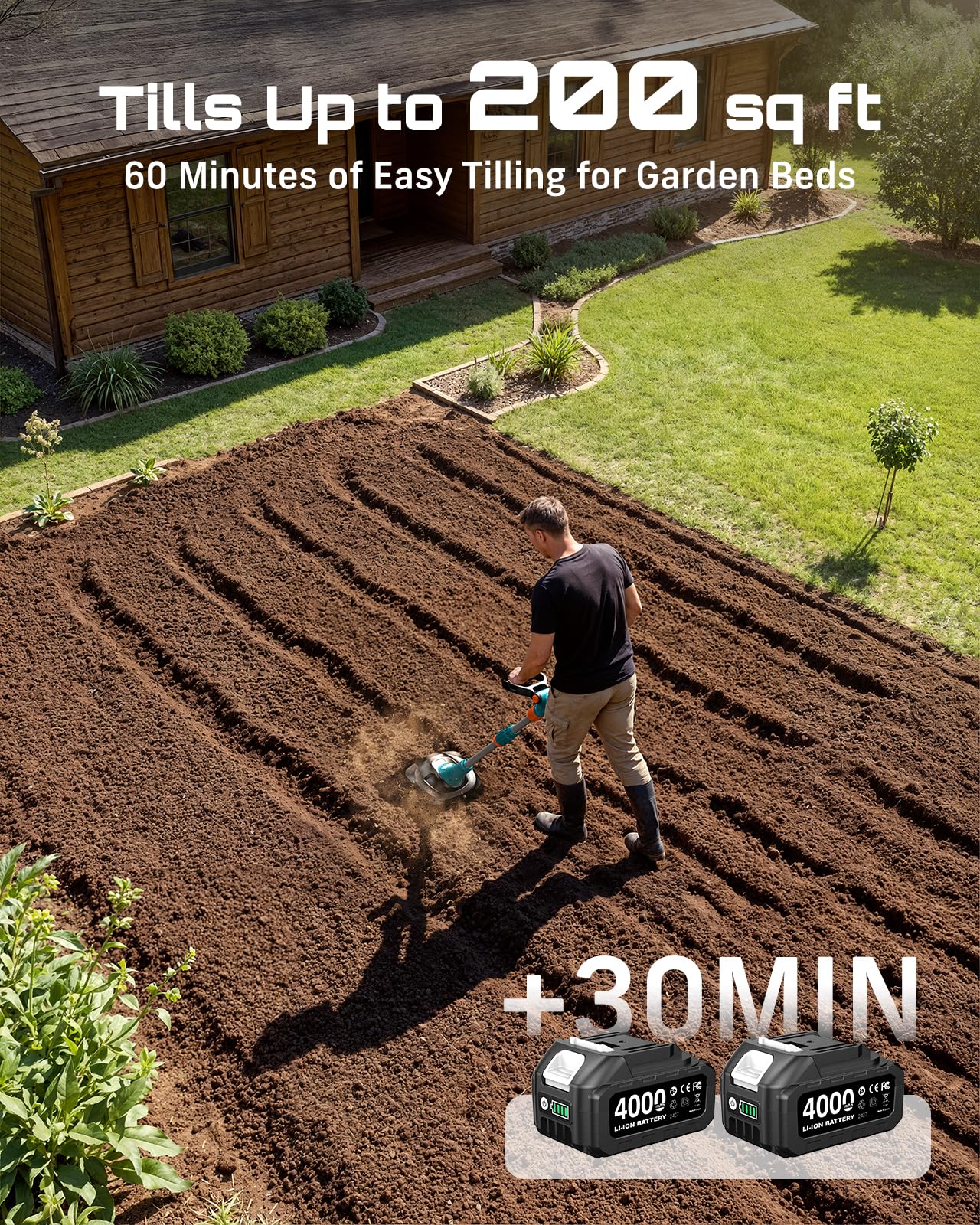 Cordless Tiller Cultivator for Gardening, 20V Electric Garden Rototillers with 2x4.0Ah Batteries, 9In Tilling Width,7In Depth, Adjustable Handle, Battery Powered Small Tiller for Soil/Cultivating/Lawn