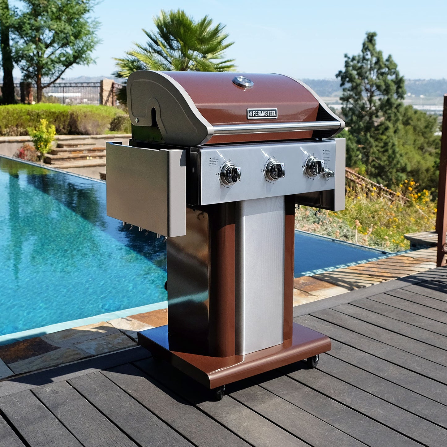 Permasteel 3-Burner Propane Gas Grill, 30,000 BTUs BBQ Grill with Cast Iron Grates, Foldable Side Tables & Tool Hooks, Outdoor Grill, Mocha